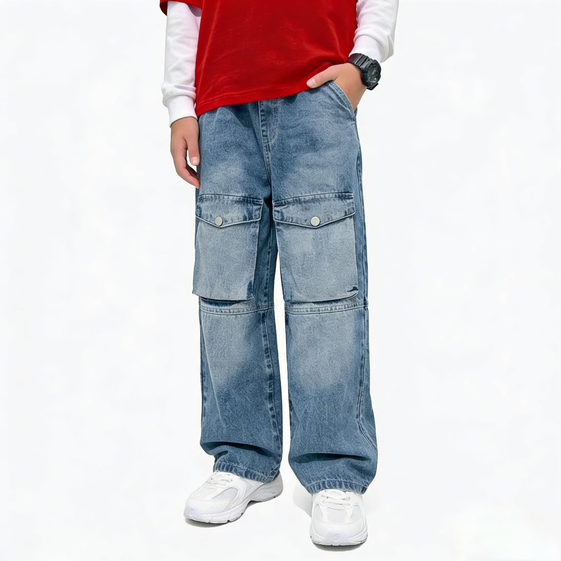 Baggy Jeans for Boys Cargo Jeans, Mid Rise Elastic Waist Multi-Pockets Denim Pants School Streetwear Size 8-12