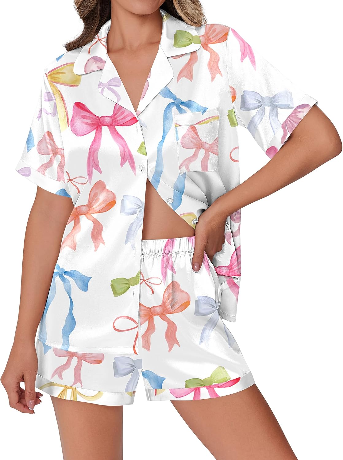 Ekouaer Womens Silky Satin Pajamas Set Short Sleeve Colorful Print Pjs