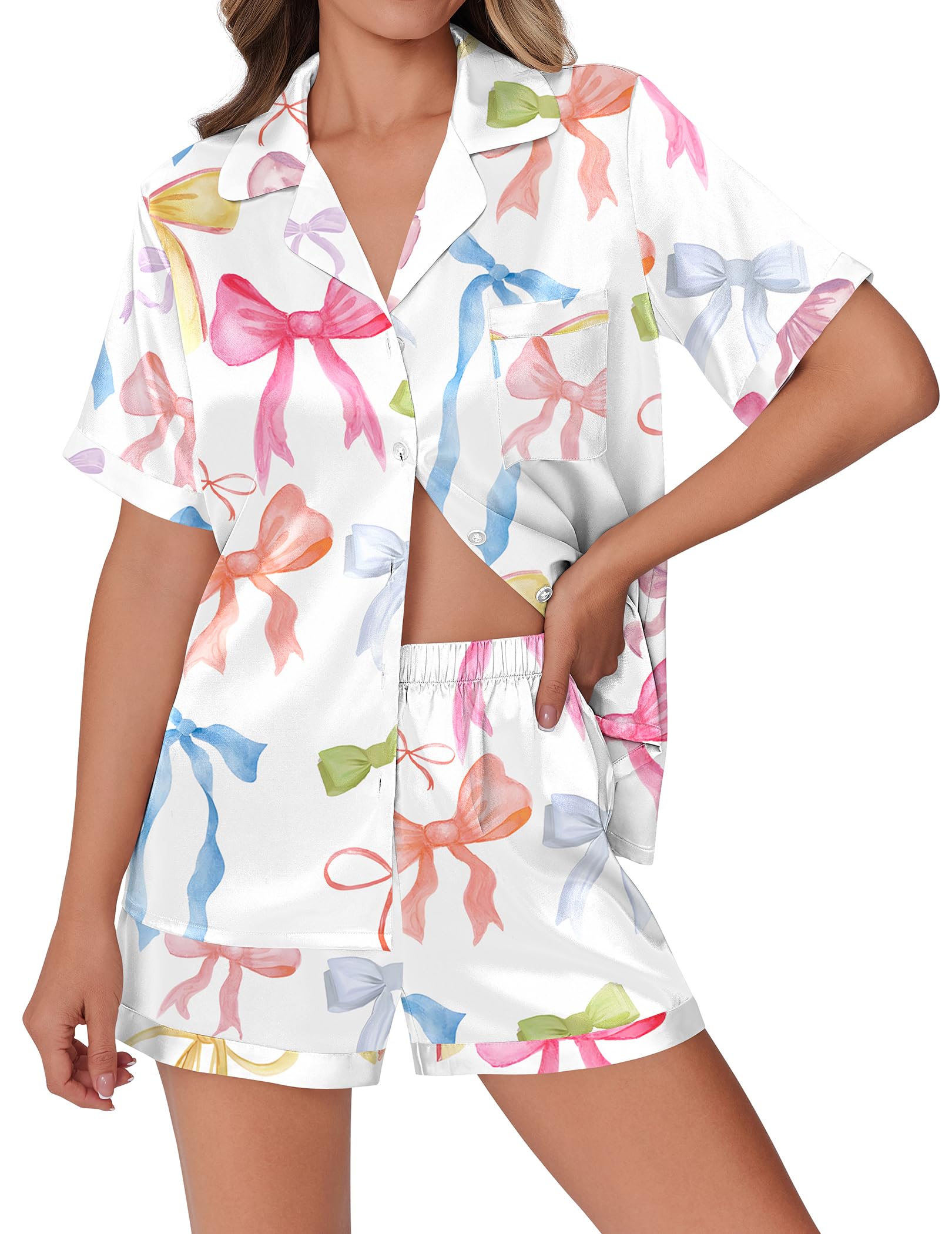 Ekouaer Womens Silky Satin Pajamas Set Short Sleeve Colorful Print Pjs