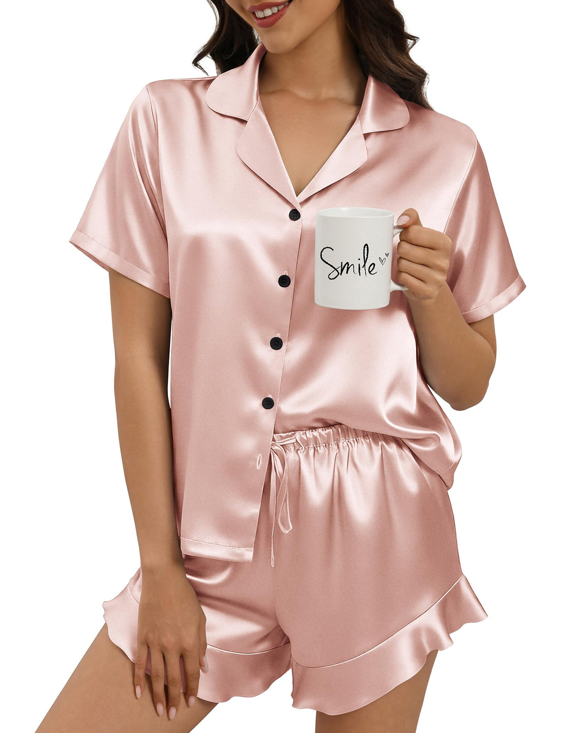 Silk Pajamas for Women Button Down 2 Piece Satin Pjs Shorts Set Ruffle Notch Collar Sleepwear Loungewear