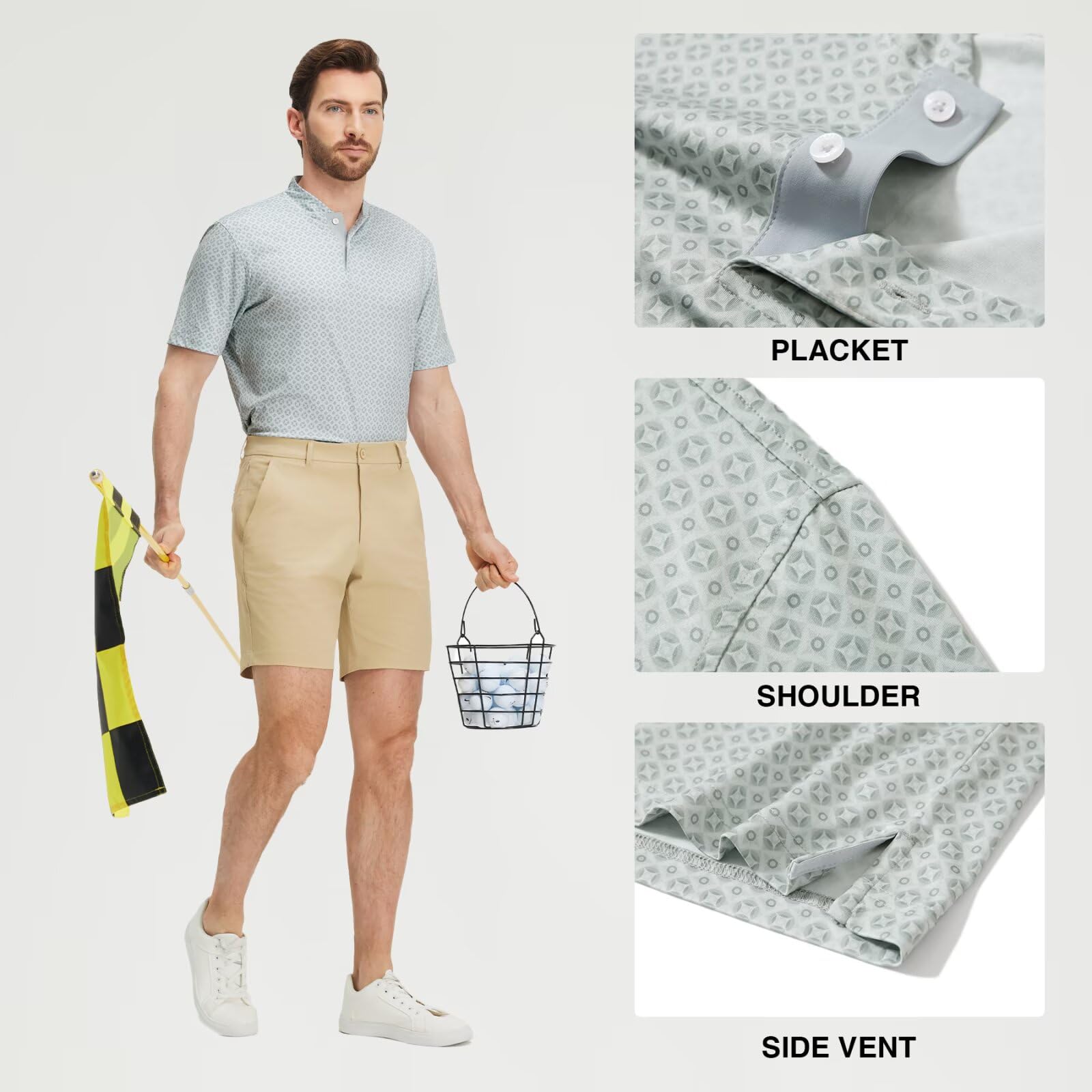 M MAELREG Golf Shirts for Men Collarless Performance Dry Fit Stretch Henley Casual Printed Mens Polo Shirts Short Sleeve