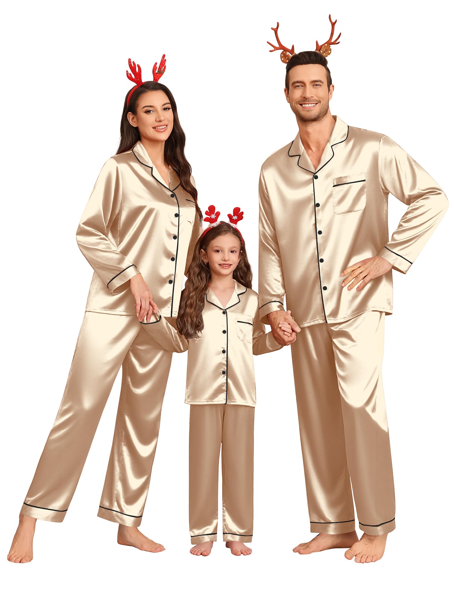 SWOMOG Family Matching Pajamas Set Silk Satin Button Down Sleepwear Long Sleeve Nightwear 2 Pcs Pj Set S-XXL