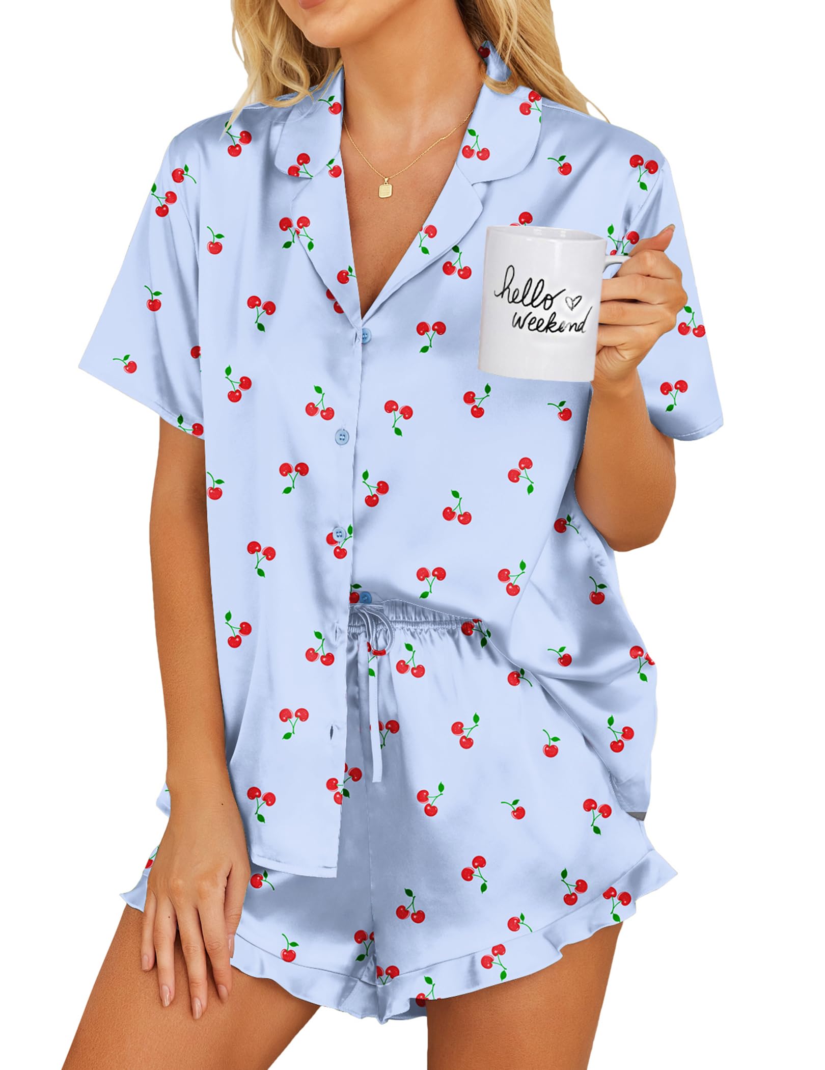Ekouaer Womens Satin Pajamas Set Button Down Silk Pj Shorts Set with Ruffle