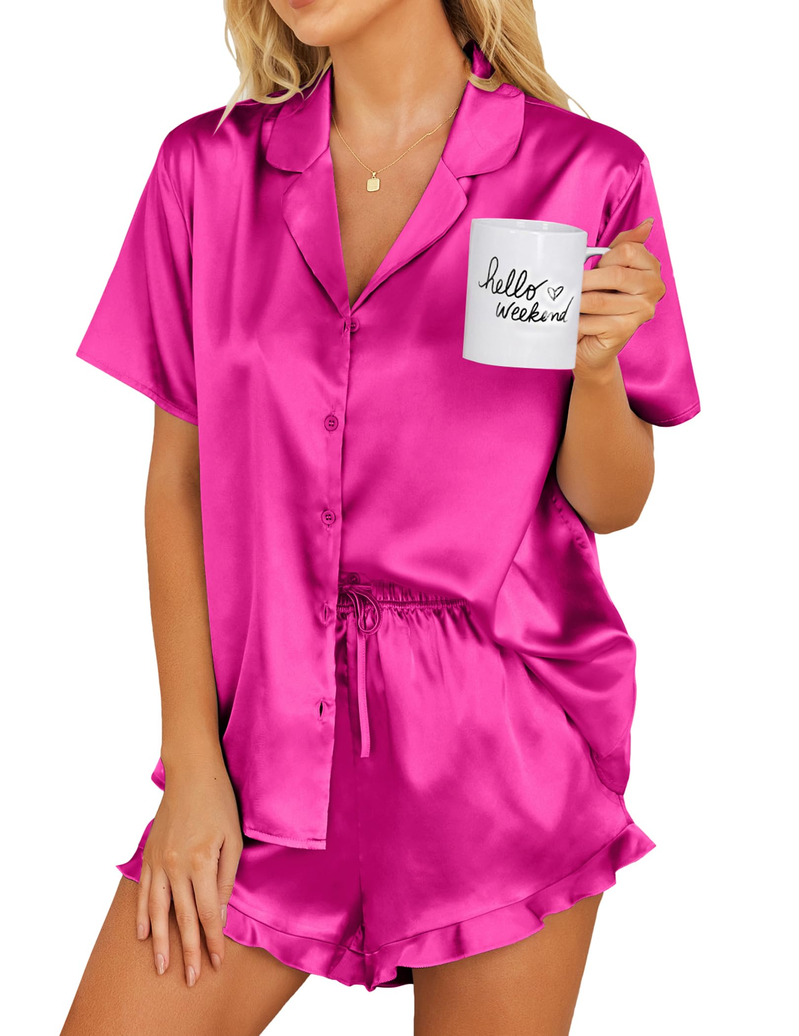 Ekouaer Womens Satin Pajamas Set Button Down Silk Pj Shorts Set with Ruffle