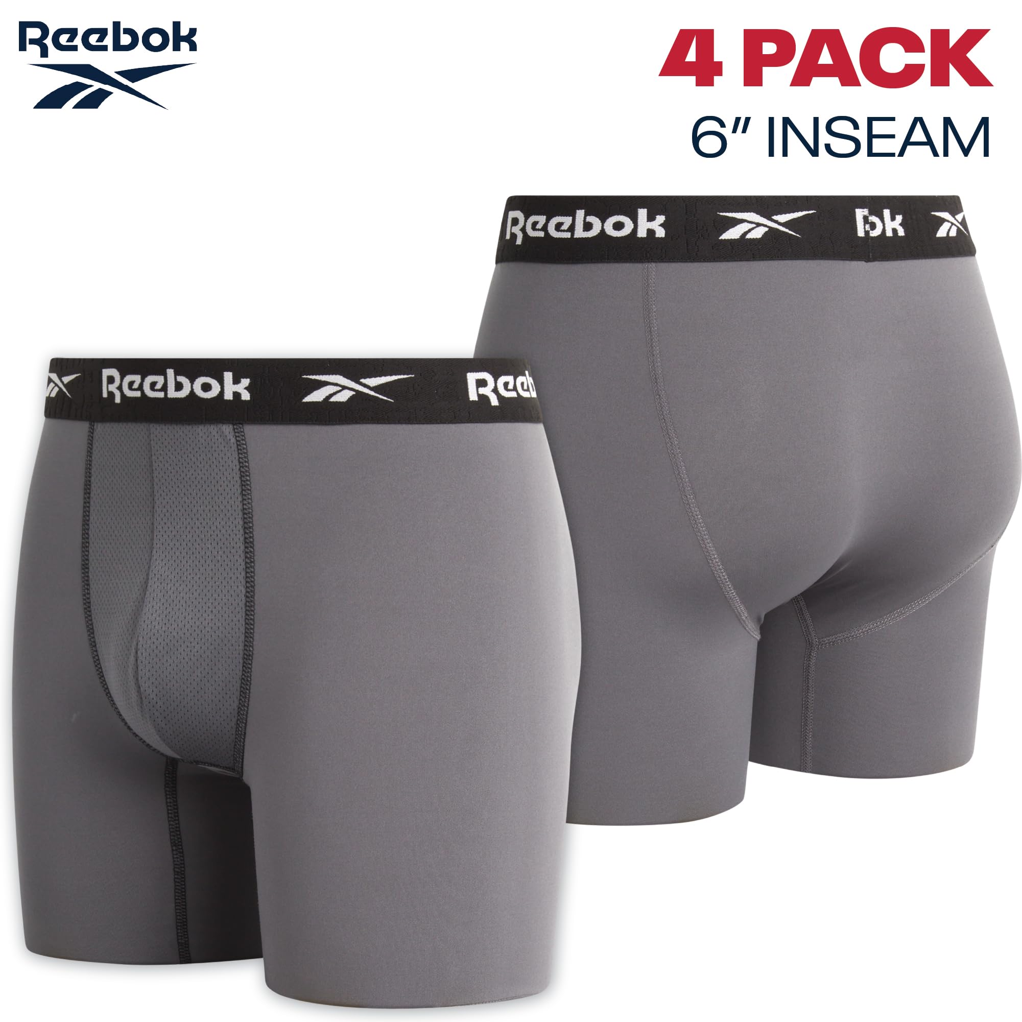 Reebok Mens Boxer Briefs - 4 Pack Underwear with Contour Pouch, 6'' Inseam | Athletic Stretch Performance Moisture-Wicking Fabric, No Fly Pouch, Tag-Free Waistband