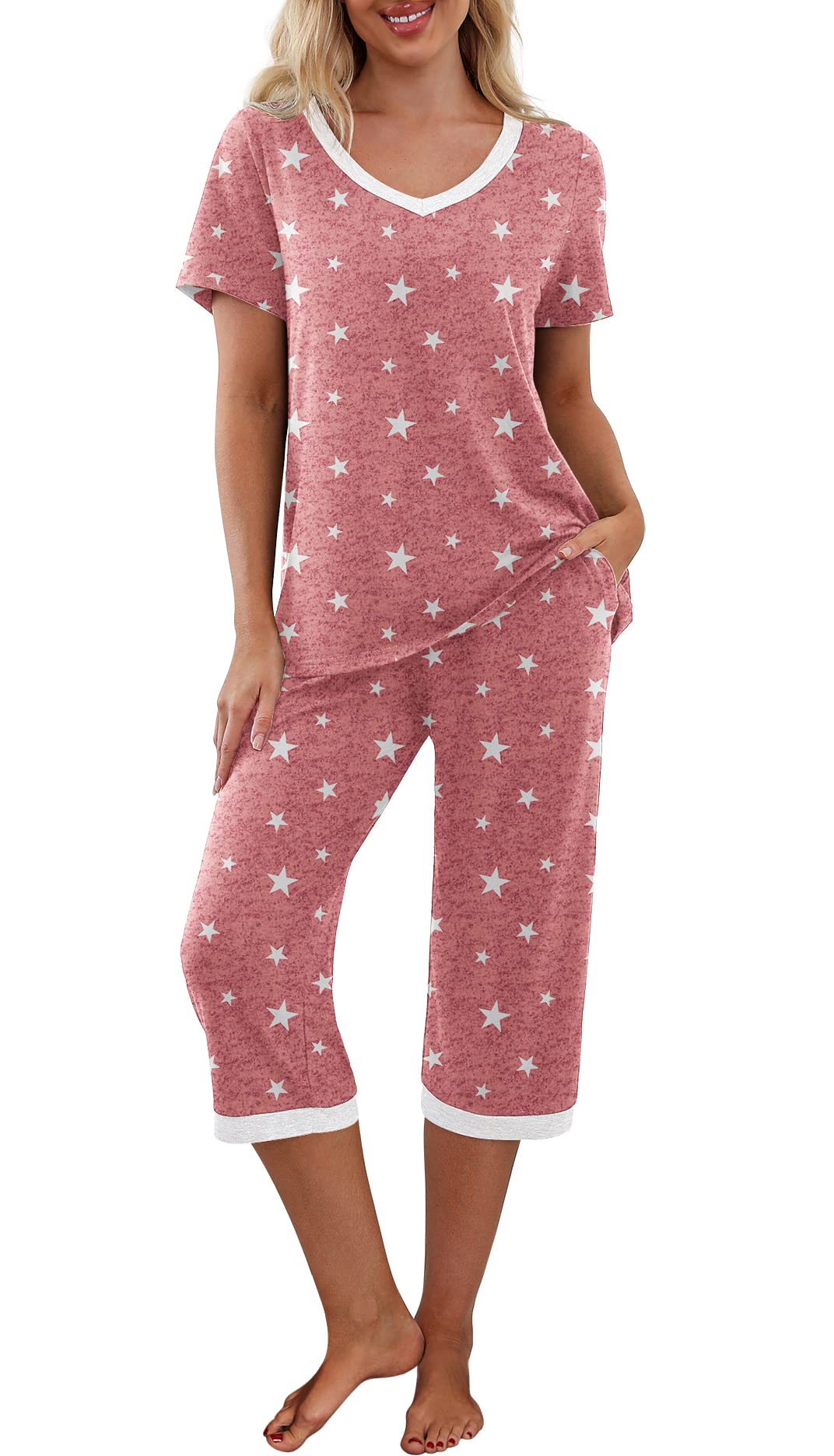 PrinStory Womens Pajama Sets Capri Pjs Soft Lounge Sets S-4XL