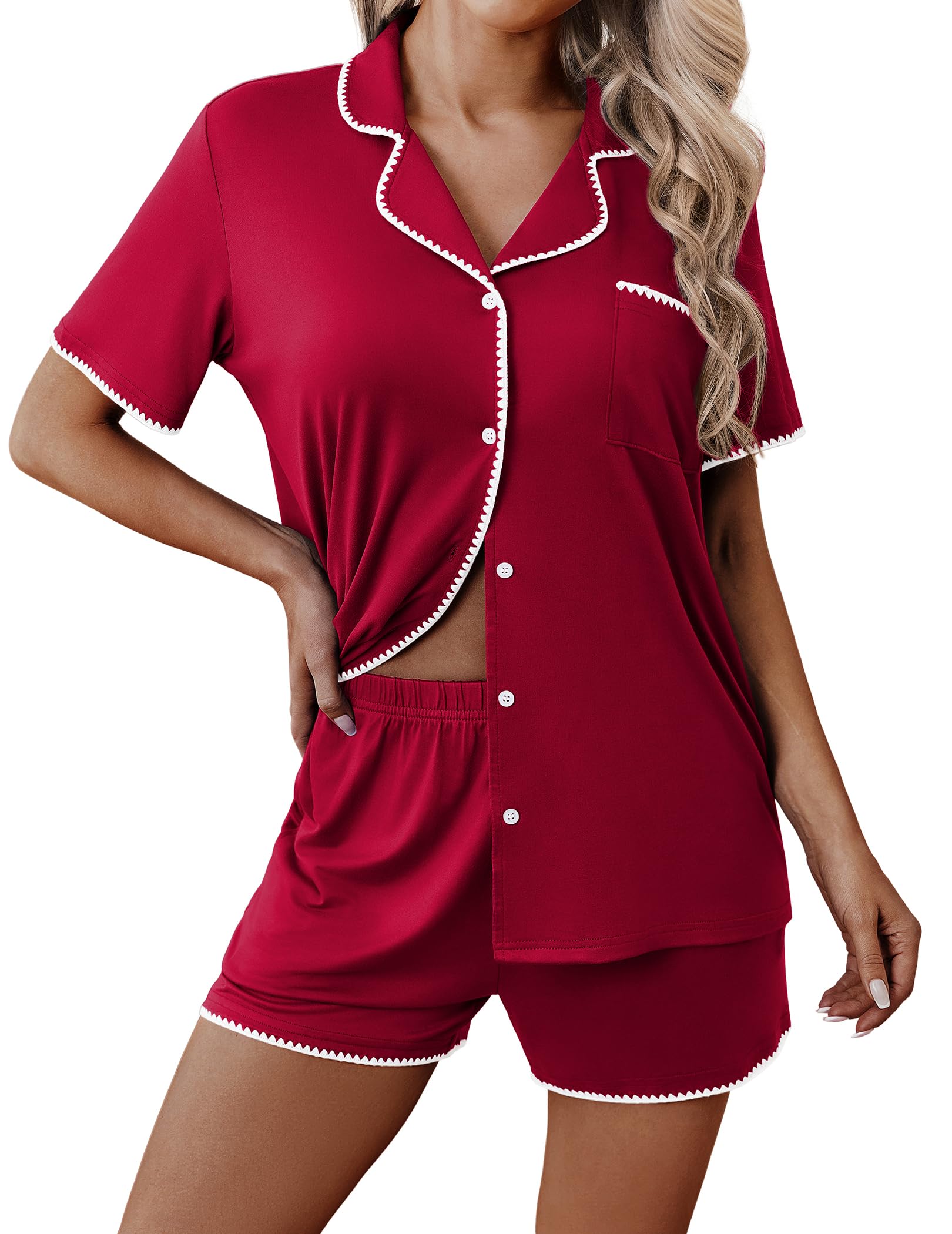 Ekouaer Pajamas for Women Set 2 Piece Soft Button Down Top and Shorts