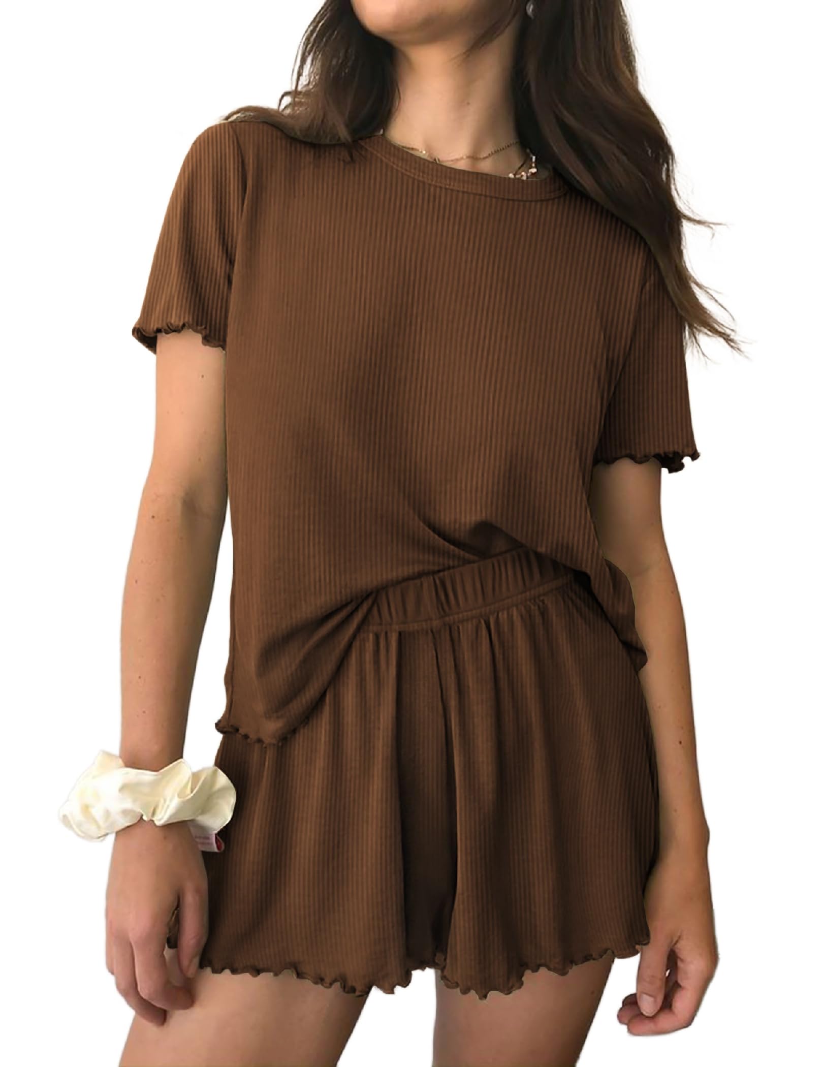 Ekouaer Womens Pajamas 2 Piece Ribbed Knit Pjs Short Sleeve Lounge Sets
