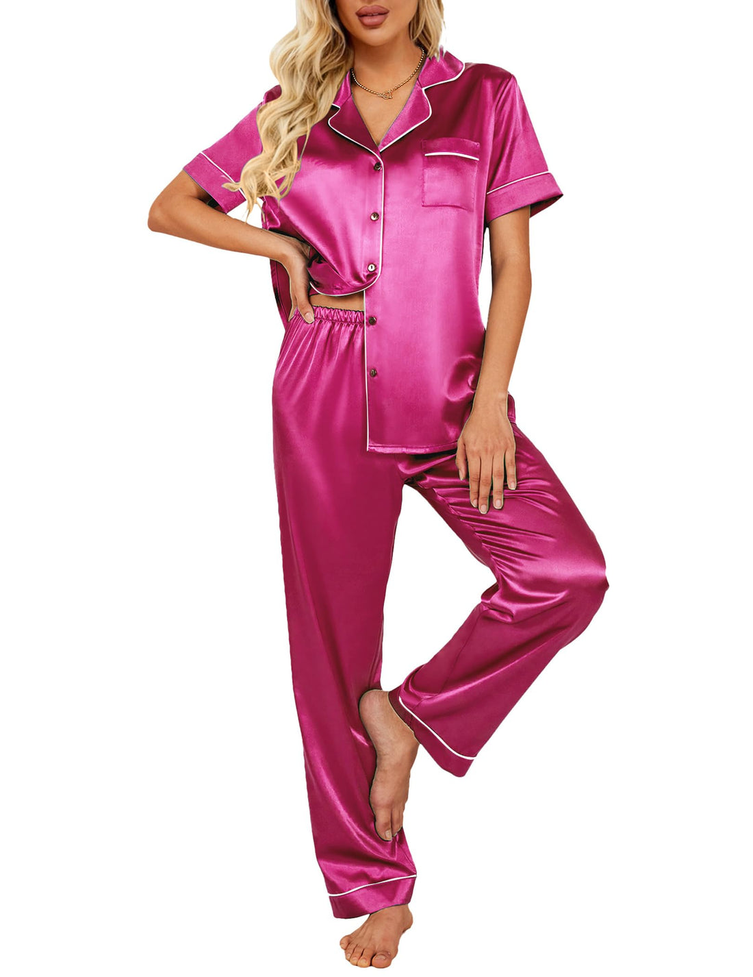 Ekouaer 2 Piece Satin Short Sleeve Pajamas Set Button Down Sleepwear