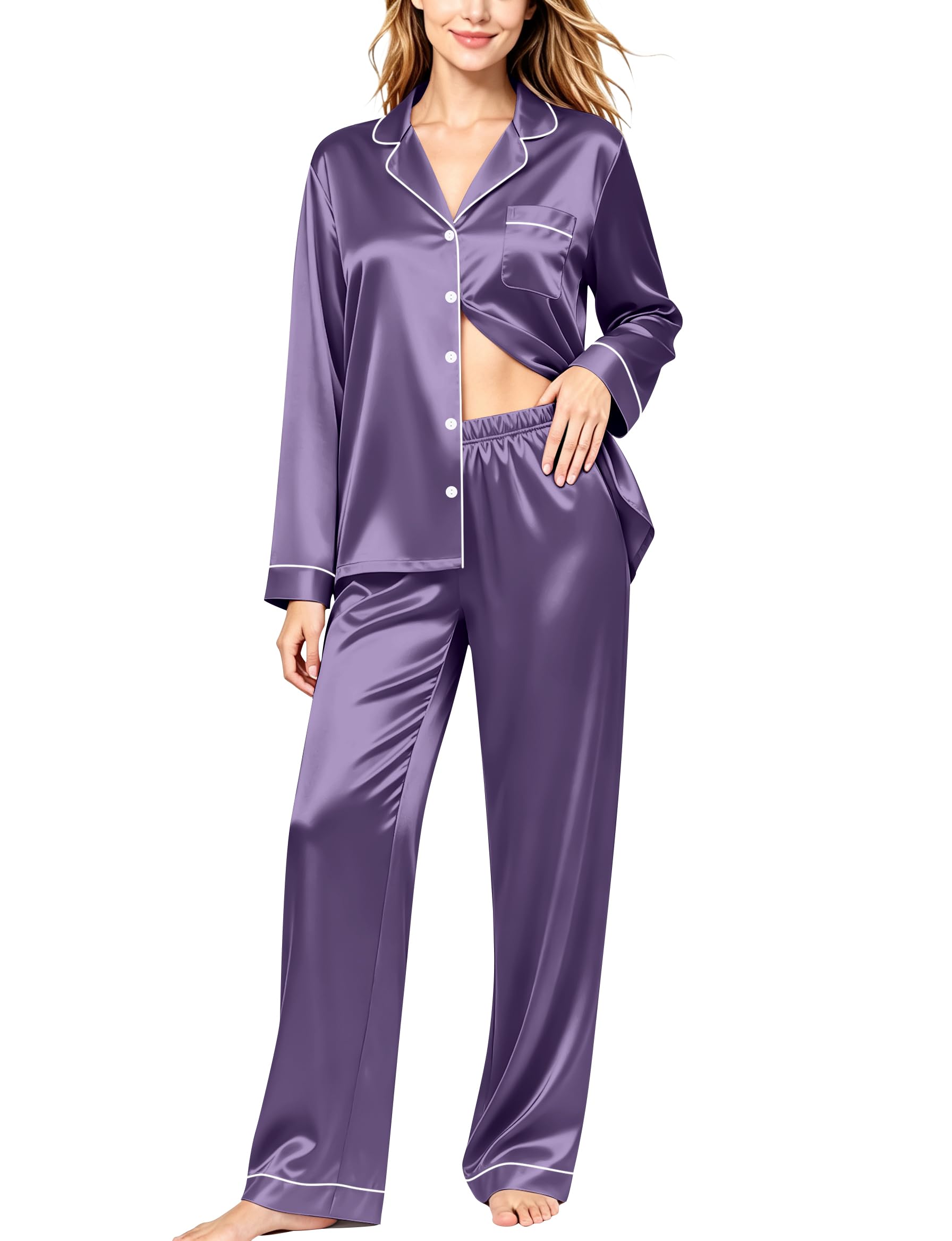 SWOMOG Womens Silk Satin Pajamas Set Long Sleeve Button Down Sleepwear 2 Piece Lounge Set Pj Set XS-3XL