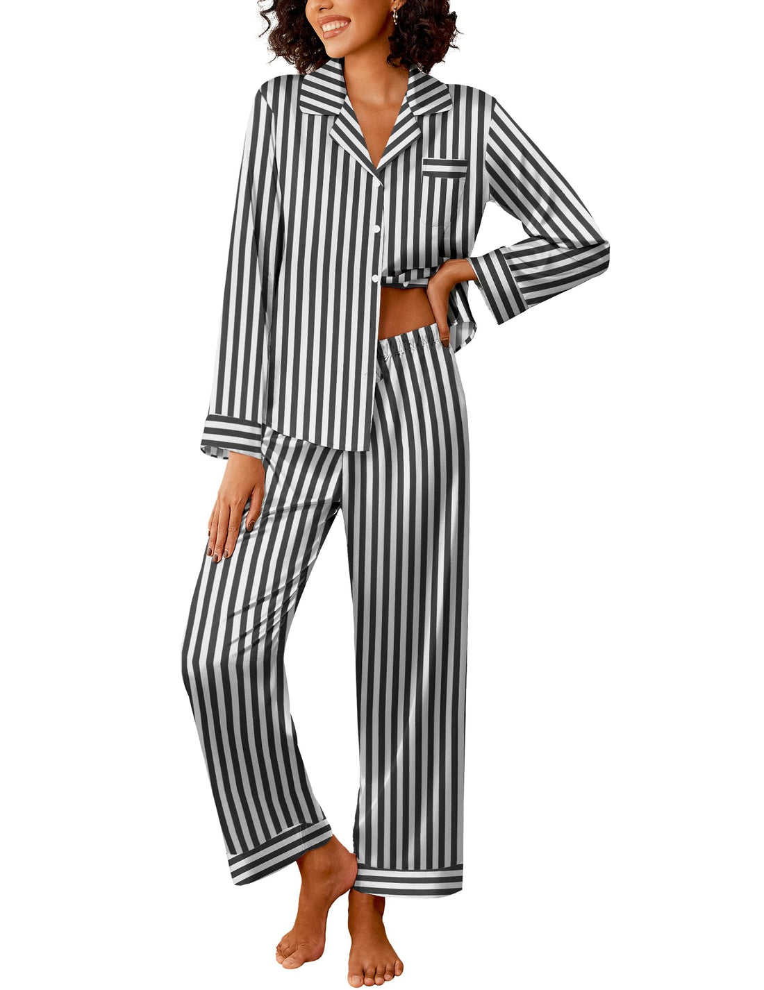 Ekouaer Womens Silk Satin Pajama Sets 2 Piece Pjs Set Stripe Sleepwear