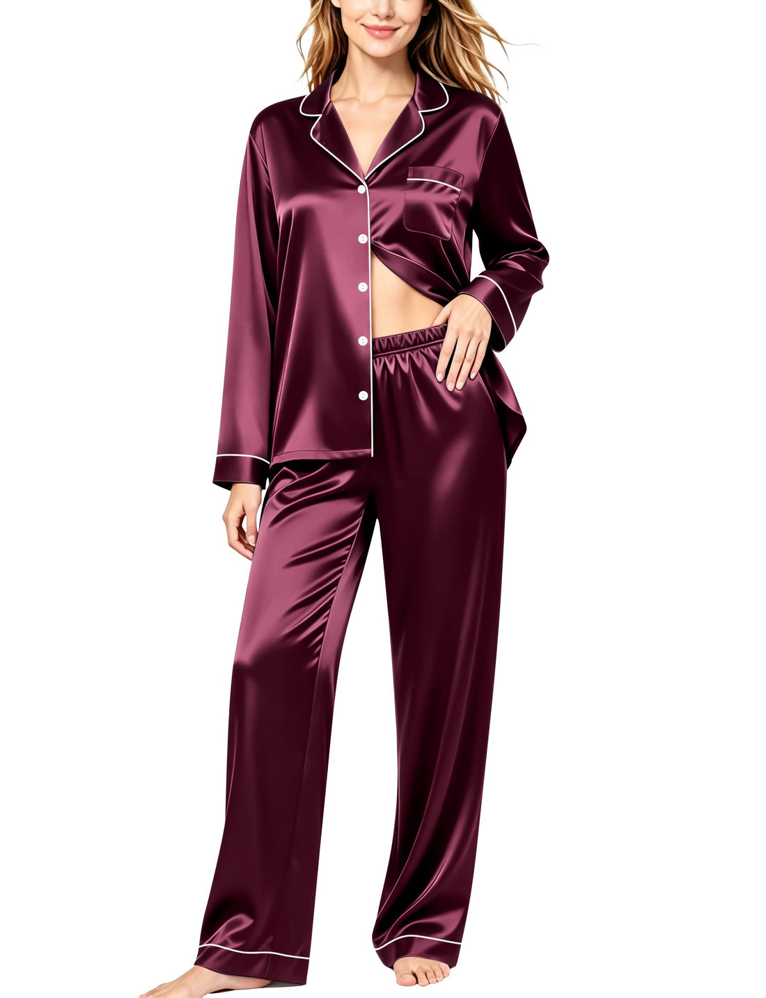 SWOMOG Womens Silk Satin Pajamas Set Long Sleeve Button Down Sleepwear 2 Piece Lounge Set Pj Set XS-3XL