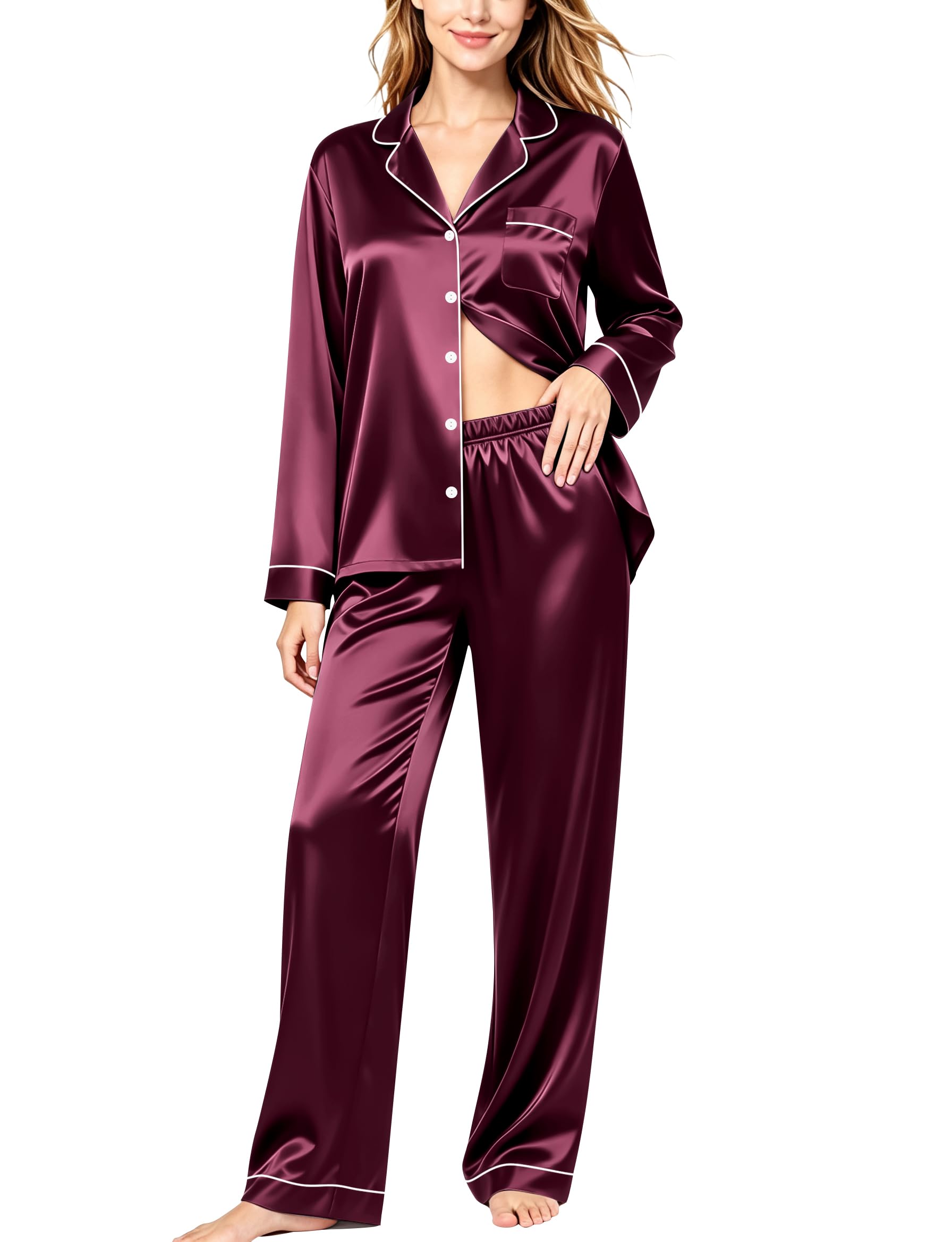 SWOMOG Womens Silk Satin Pajamas Set Long Sleeve Button Down Sleepwear 2 Piece Lounge Set Pj Set XS-3XL