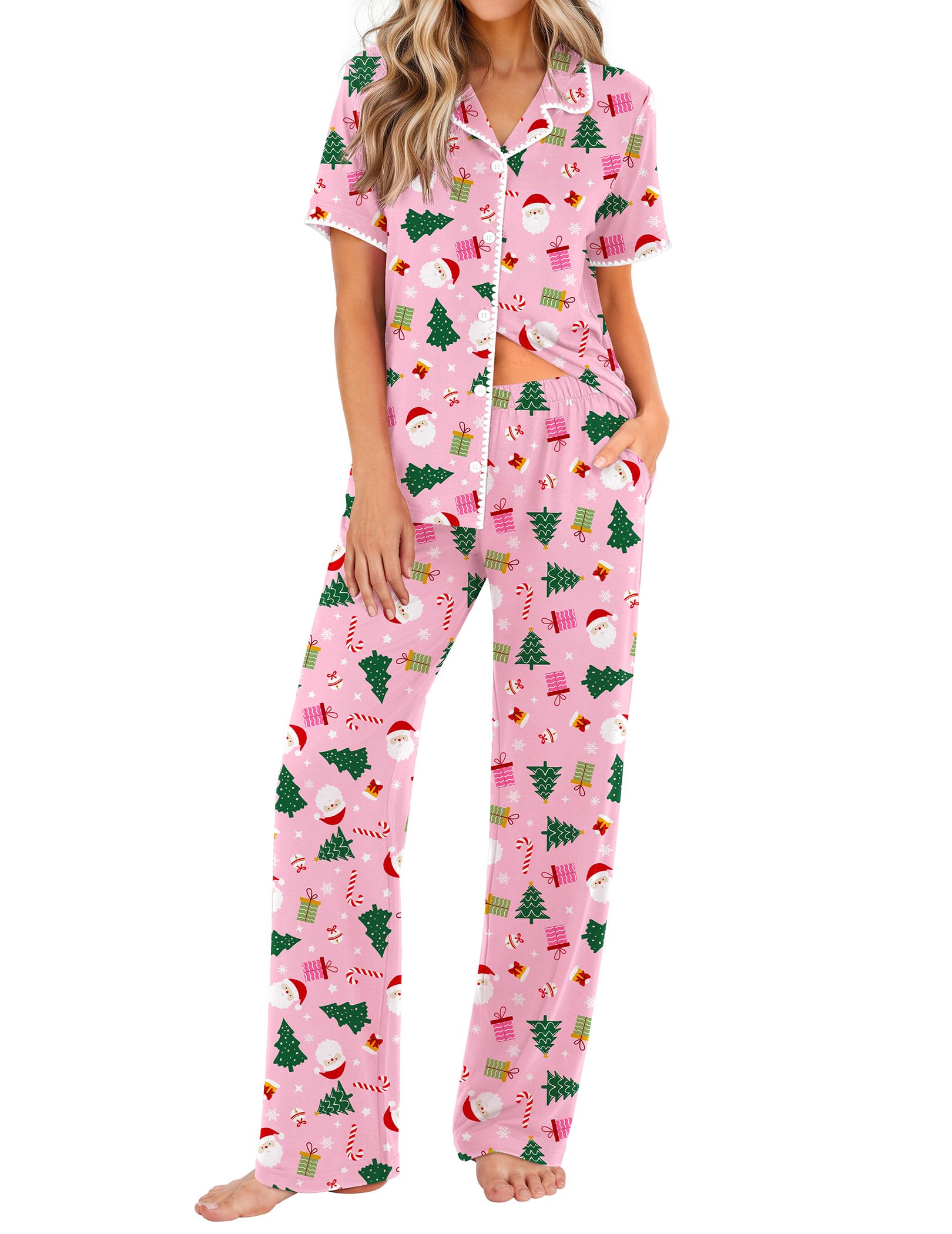 Ekouaer Womens Pajamas Set Button Down Loungewear Short Sleeve Pants Pjs