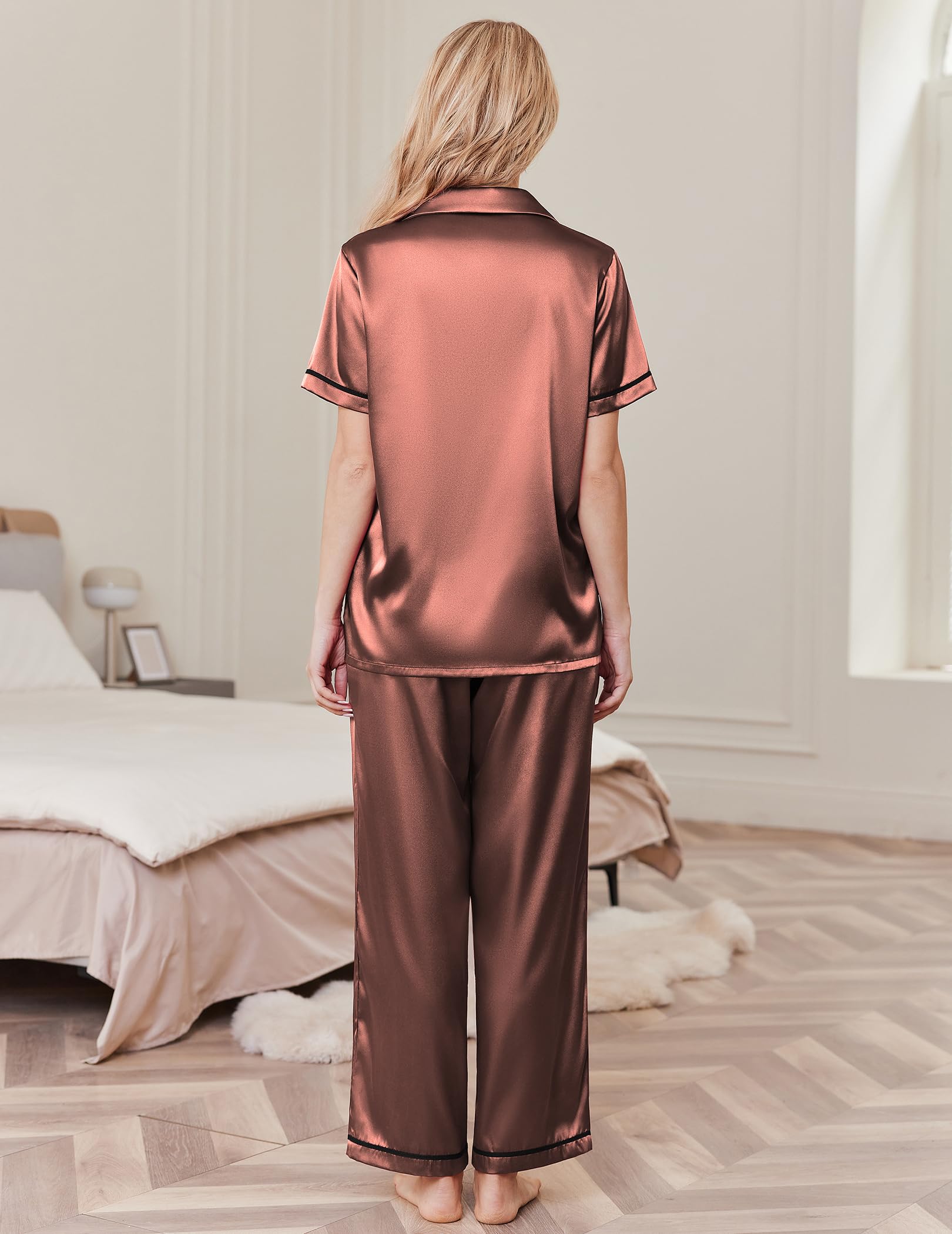 Ekouaer Women's Silk Pajamas Set Short Sleeve Pjs Button Down Lounge Set