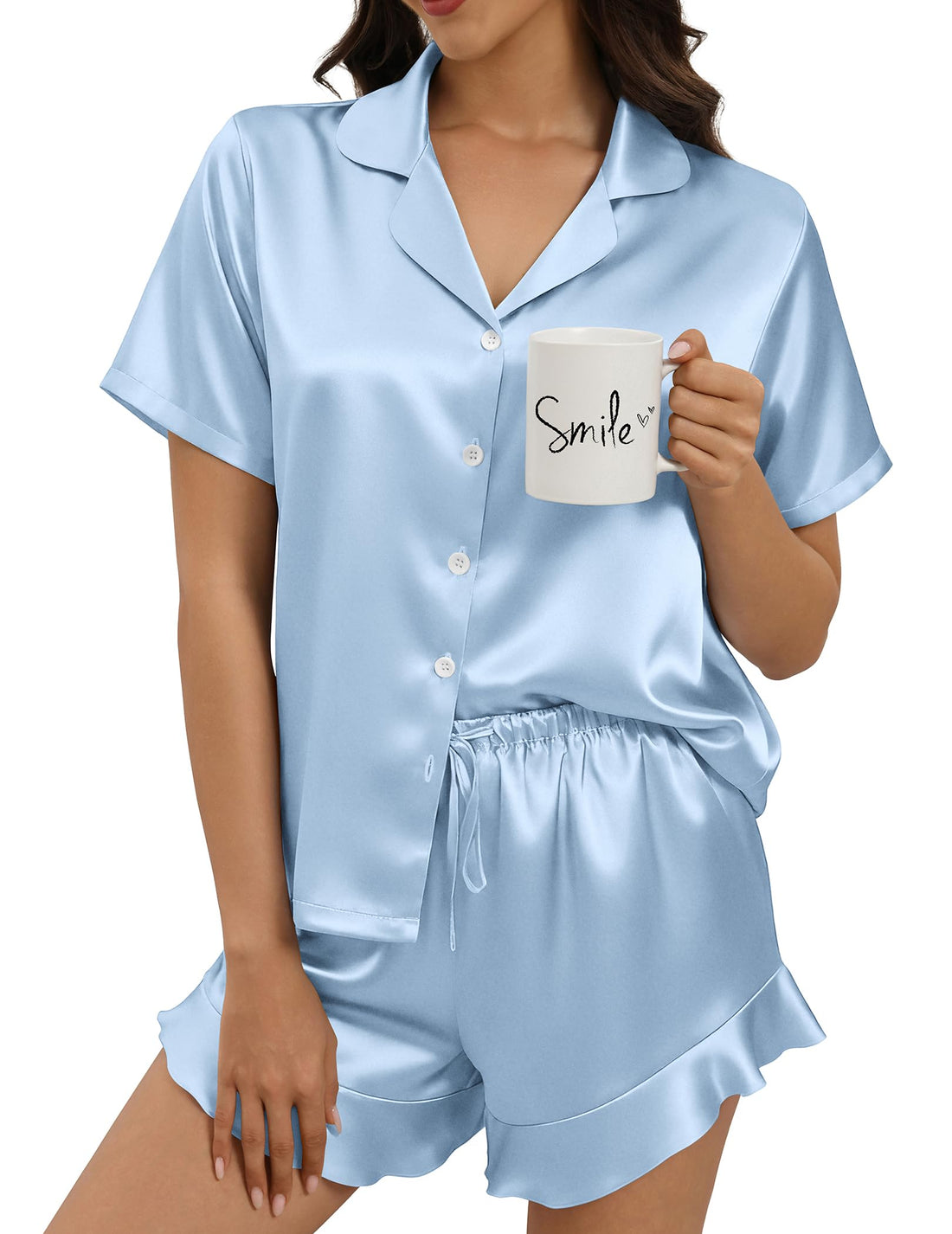 Silk Pajamas for Women Button Down 2 Piece Satin Pjs Shorts Set Ruffle Notch Collar Sleepwear Loungewear