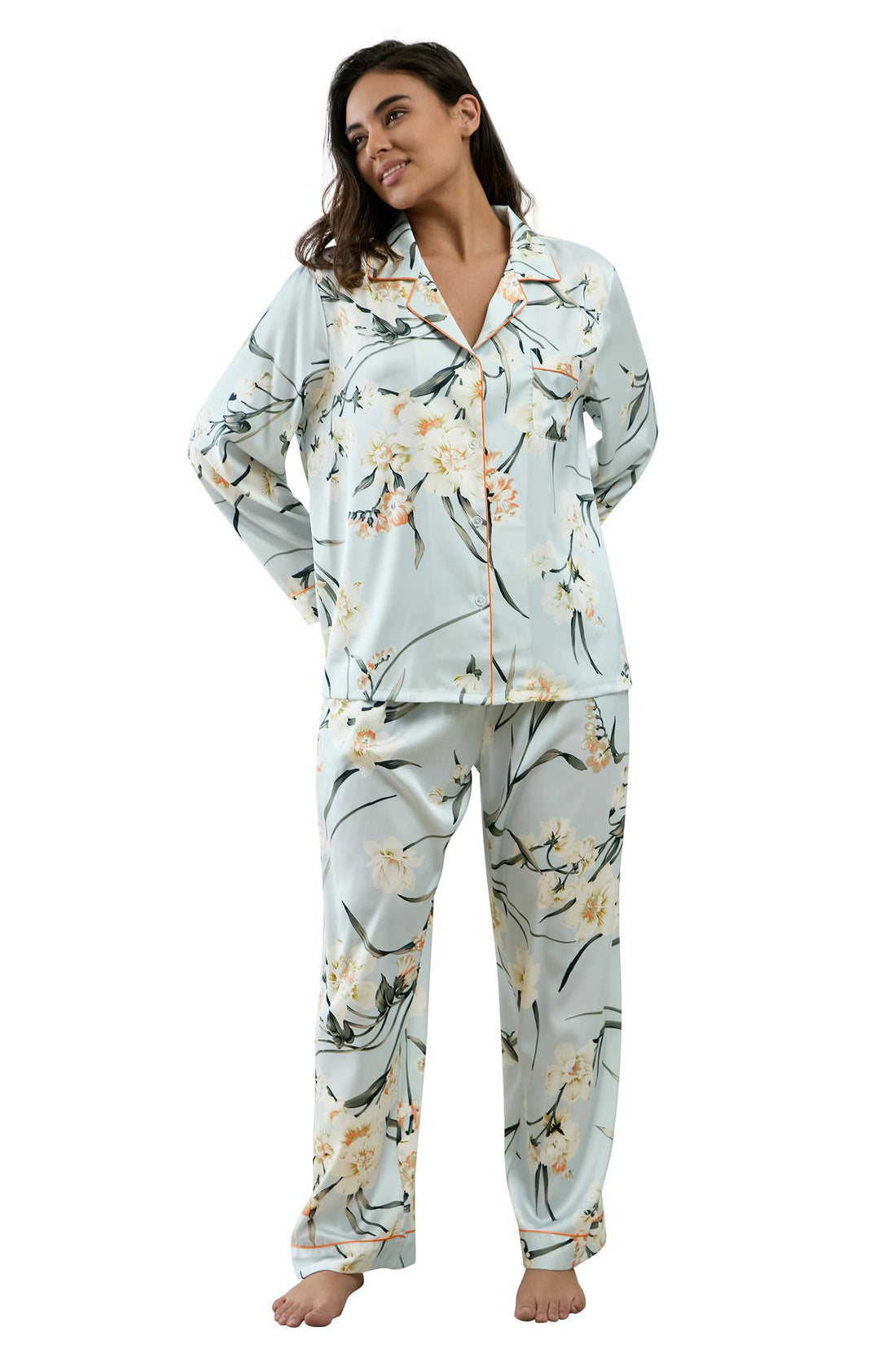 YiNi LuLu Womens Silk Satin Pajamas Set Button Down 2 Piece Pjs Long Sleeve Oversized Sleepwear with Pockets