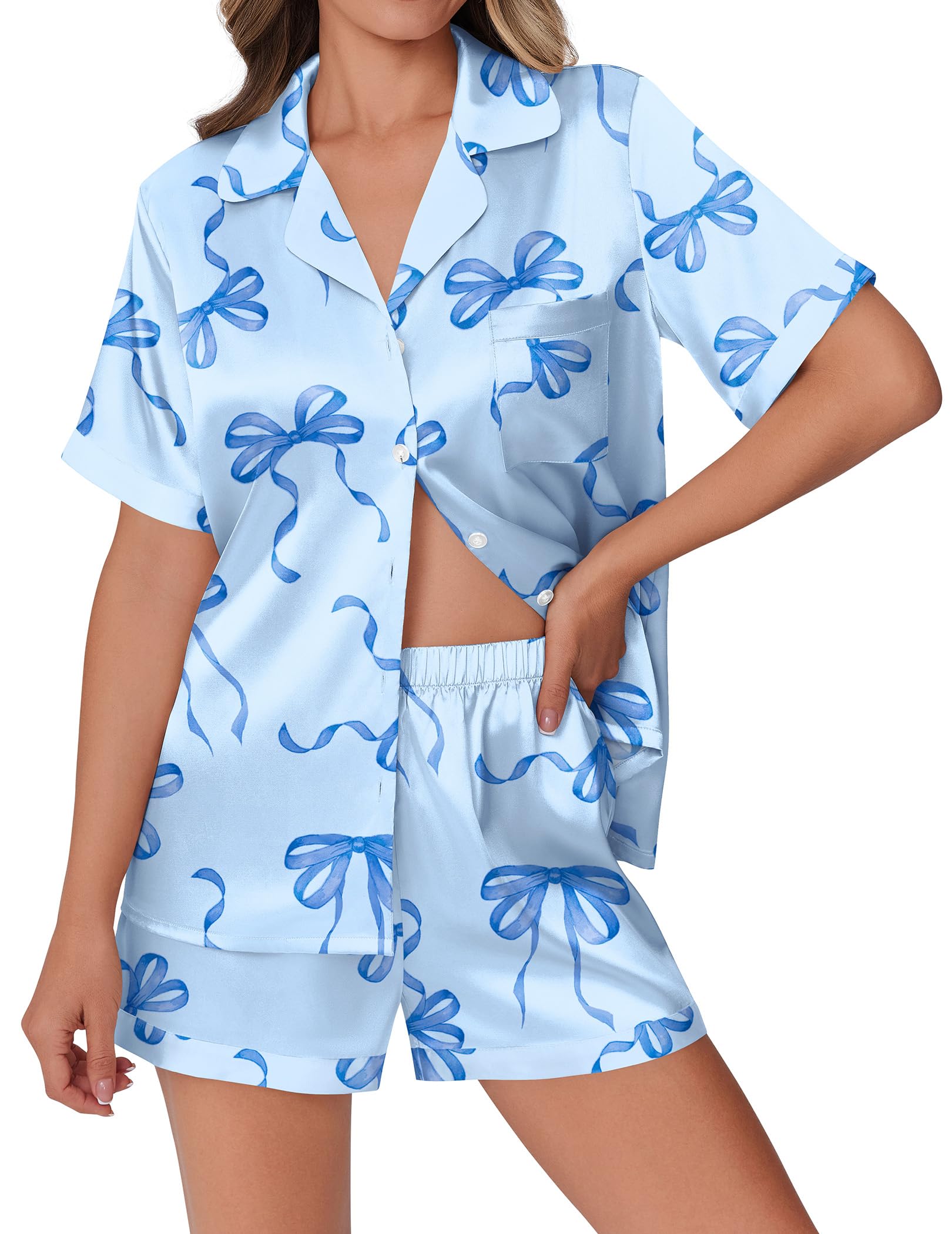 Ekouaer Womens Silky Satin Pajamas Set Short Sleeve Colorful Print Pjs