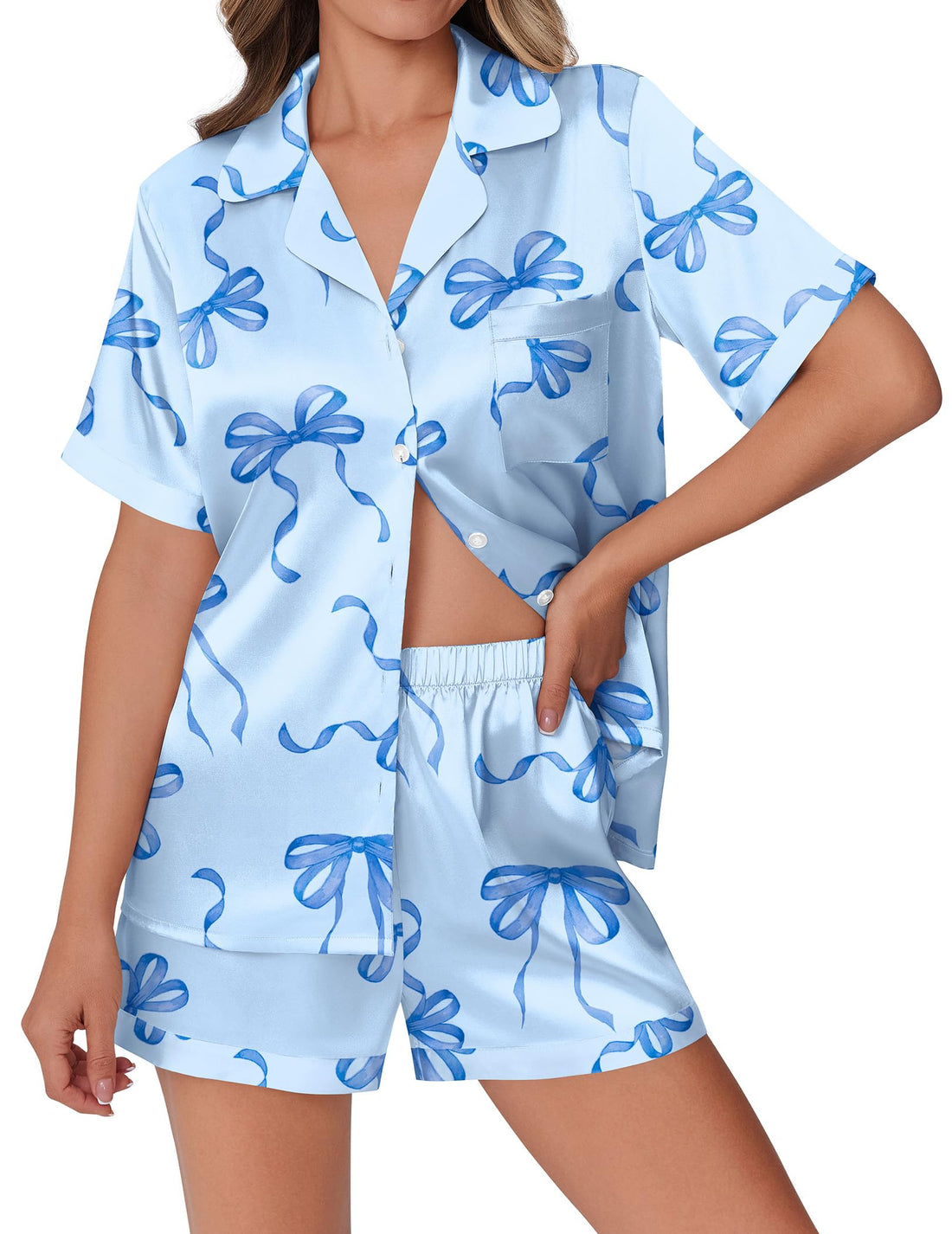 Ekouaer Womens Silky Satin Pajamas Set Short Sleeve Colorful Print Pjs