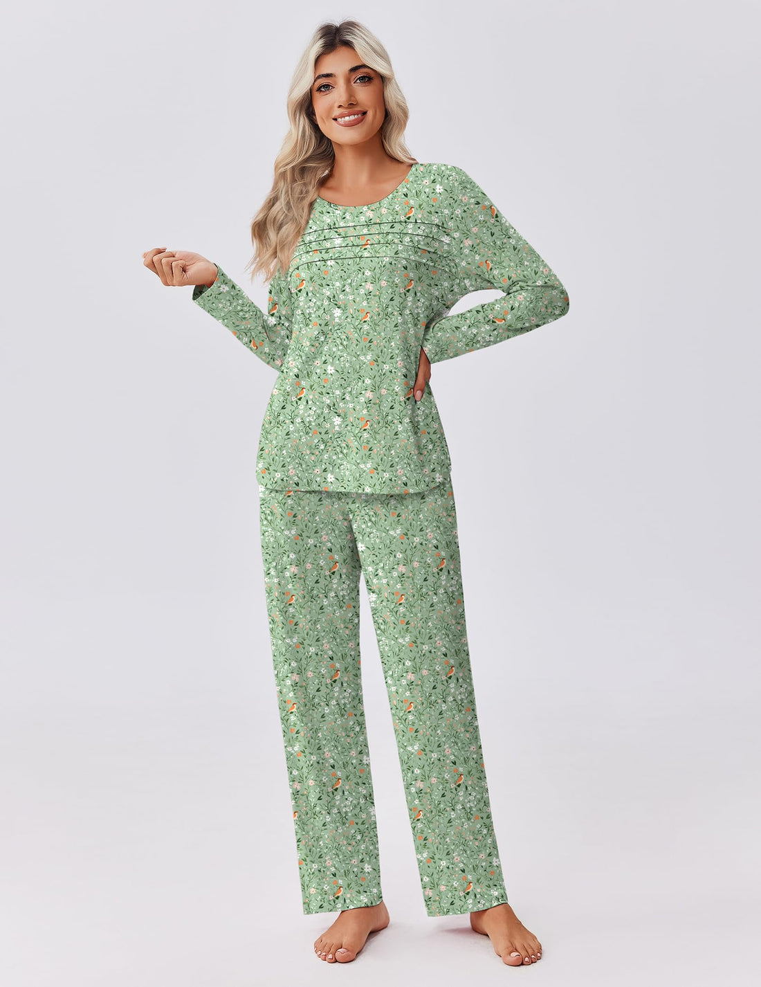 Ekouaer Womens Pajama Sets Pleated Tops with Long Sleeve Fall Lounge Set