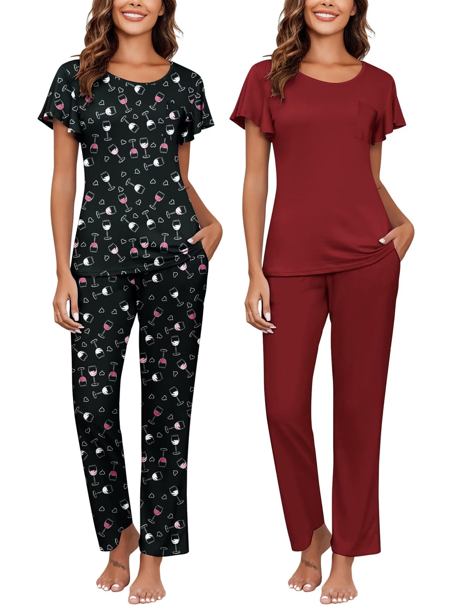 Ekouaer Pajamas for Women Set 2 Piece Comfy Loungewear, Lightweight Pjs Sleepwear, Short Sleeve Top & Long Pants with Pockets