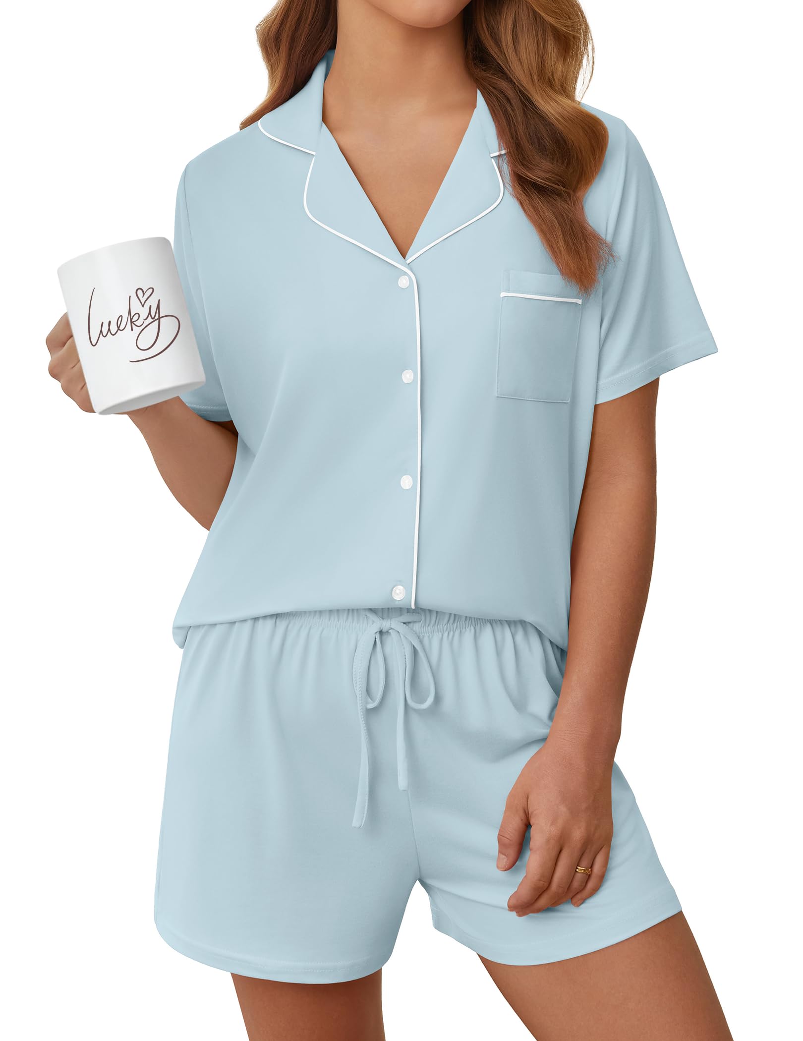 Womens Pajama Sets Summer Pjs Short Sleeve Button Down Top and Shorts Bride Sleepwear 2 Piece Comfy Lounge Set S-XXL