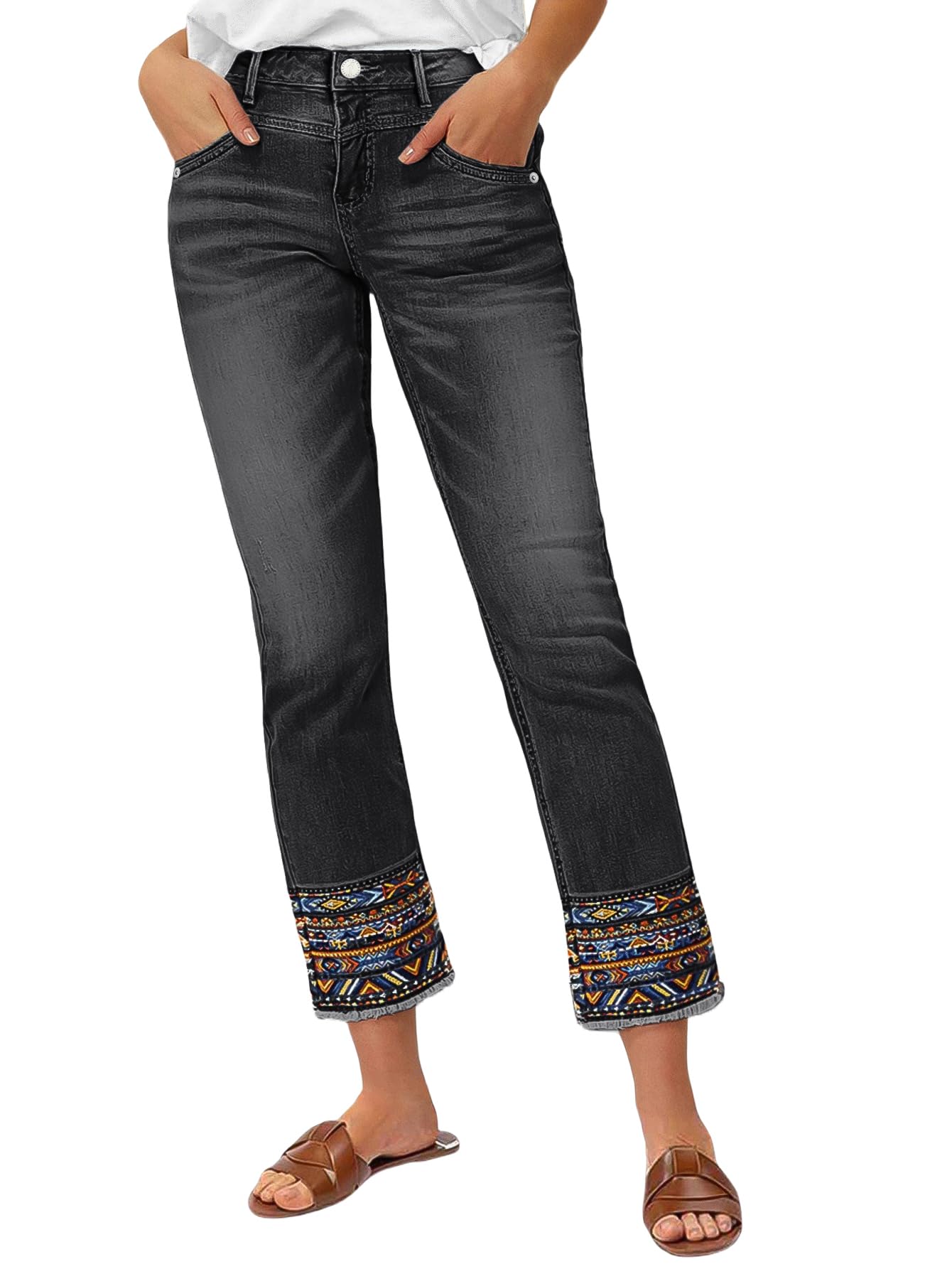 Flamingals Straight Leg Cropped Jeans for Women Trendy Mid Rise Stretchy Tribal Embroidery Raw Hem Ankle Jeans