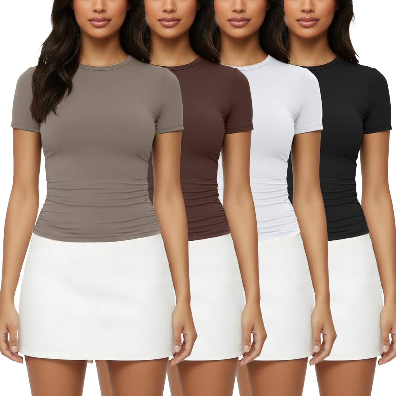 4 Pack Basic Tees T Shirts for Women Workout Gym Compression Fitted Short Sleeve Plain T Shirts Crop Tops Y2K