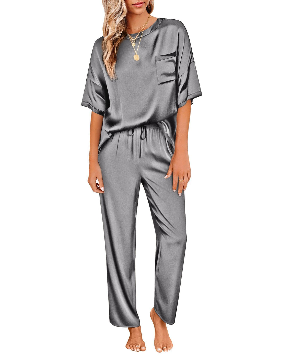 Ekouaer Pajamas for Women Set Silky Satin 2 Piece Lounge Sets with Pockets