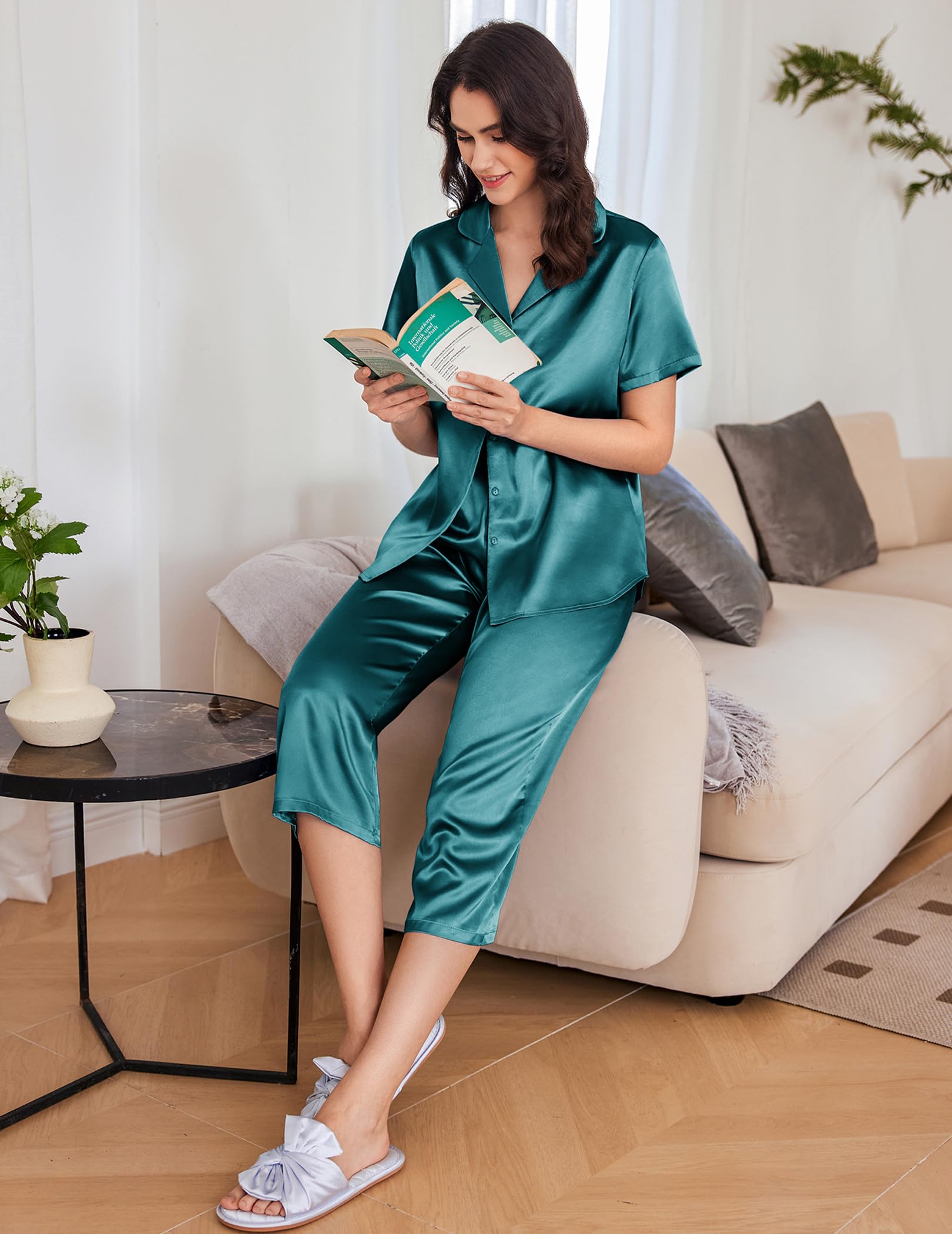 Ekouaer Womens Satin Silky Capri Pajamas Short Sleeve Button Down Sleepwear