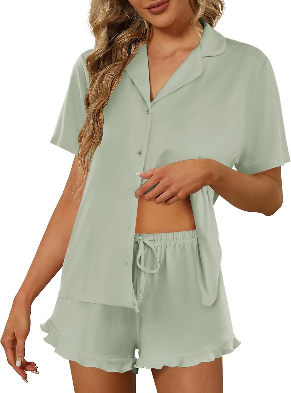 Ekouaer Pajamas Set for Women Short Sleeve Sleepwear Button Down Ruffle Pjs