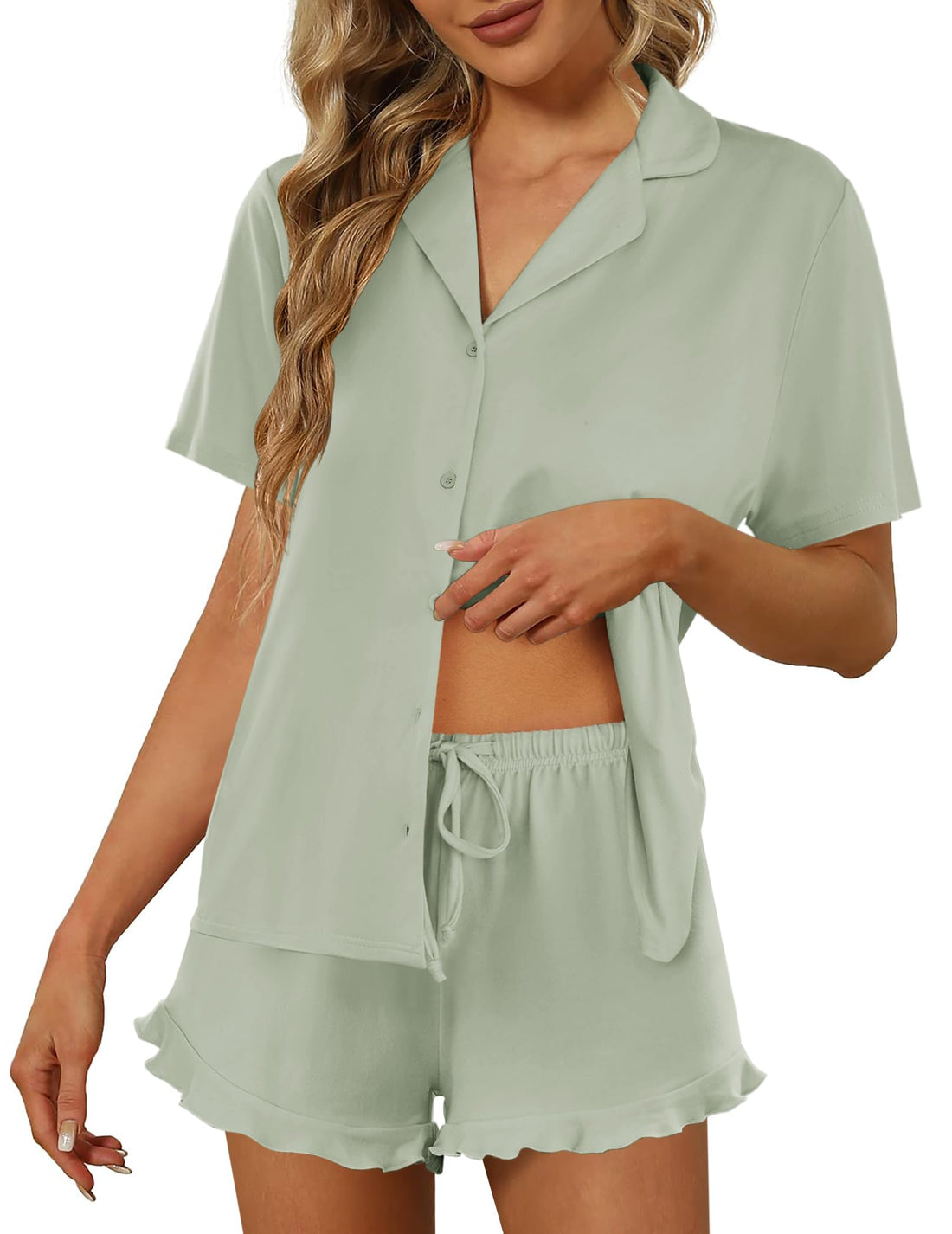 Ekouaer Pajamas Set for Women Short Sleeve Sleepwear Button Down Ruffle Pjs