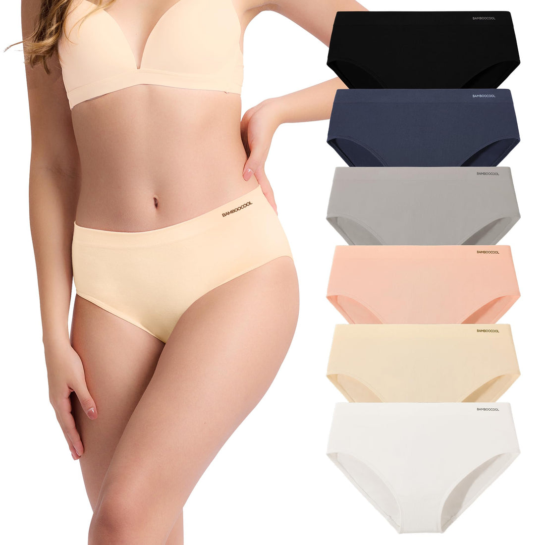 Women's Bamboo Seamless Bikini Panties Moisture-Wicking Stretchy Breathable Hipster Coverage Ladies Underwear 6-pack