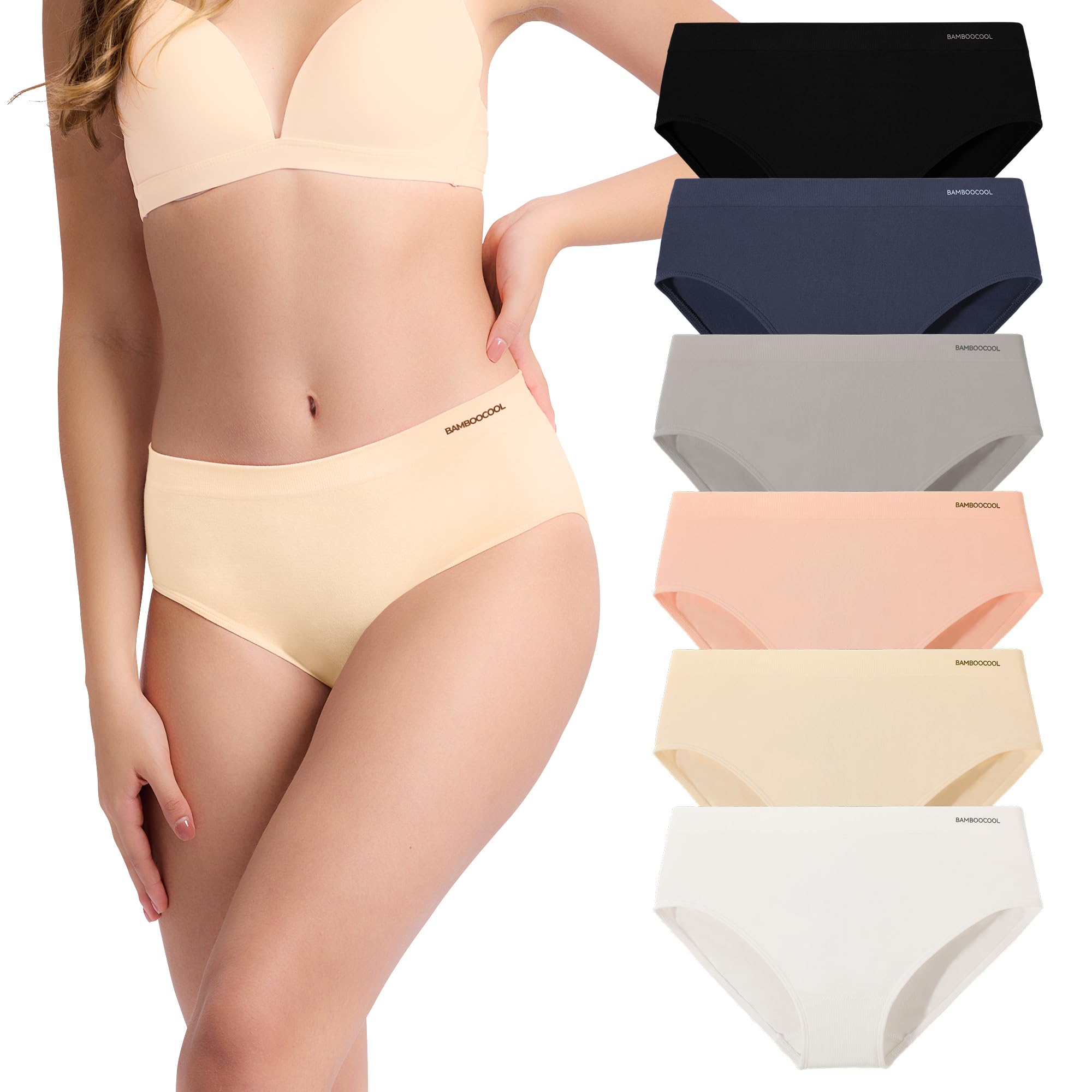 Women's Bamboo Seamless Bikini Panties Moisture-Wicking Stretchy Breathable Hipster Coverage Ladies Underwear 6-pack