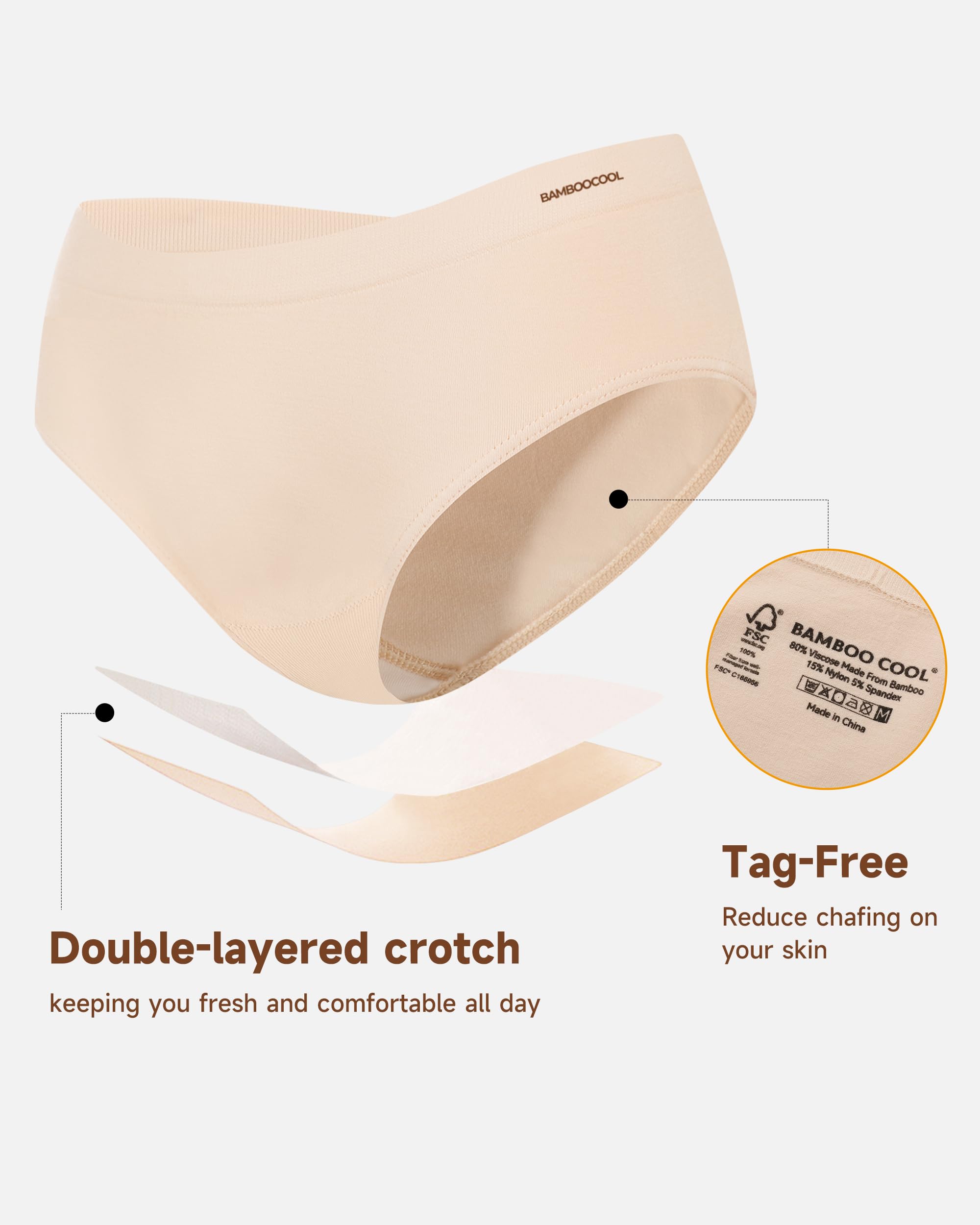 Women's Bamboo Seamless Bikini Panties Moisture-Wicking Stretchy Breathable Hipster Coverage Ladies Underwear 6-pack