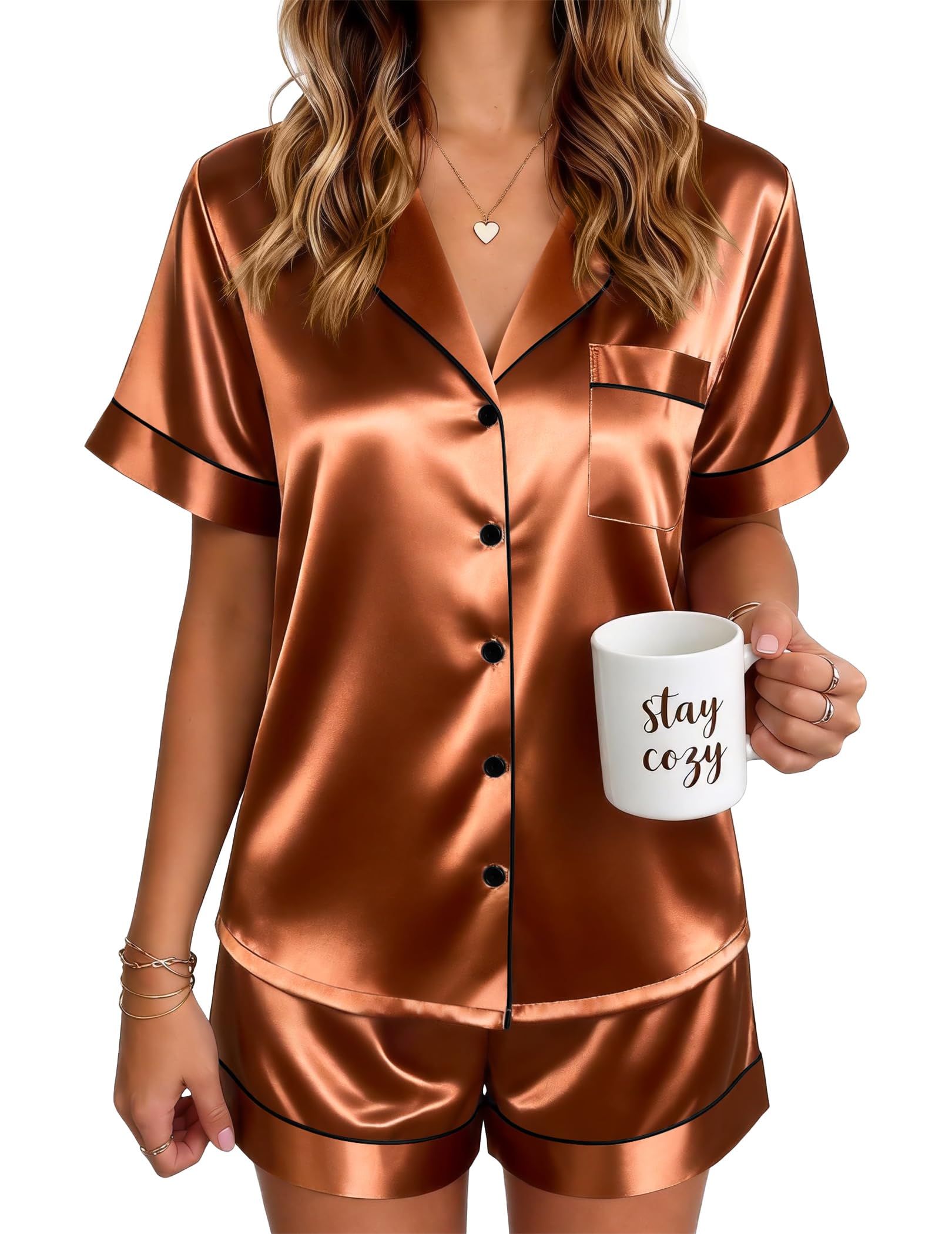 Ekouaer Satin Pajamas for Women Silk Pjs Short Set 2 Piece Lounge Sets