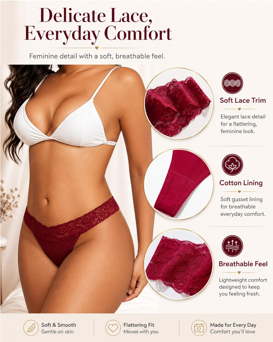 READY TO LOVE Cotton Underwear for Women Lace Sexy Soft Thongs Low Rise T-Back Lingerie Stretchy Ladies Panties