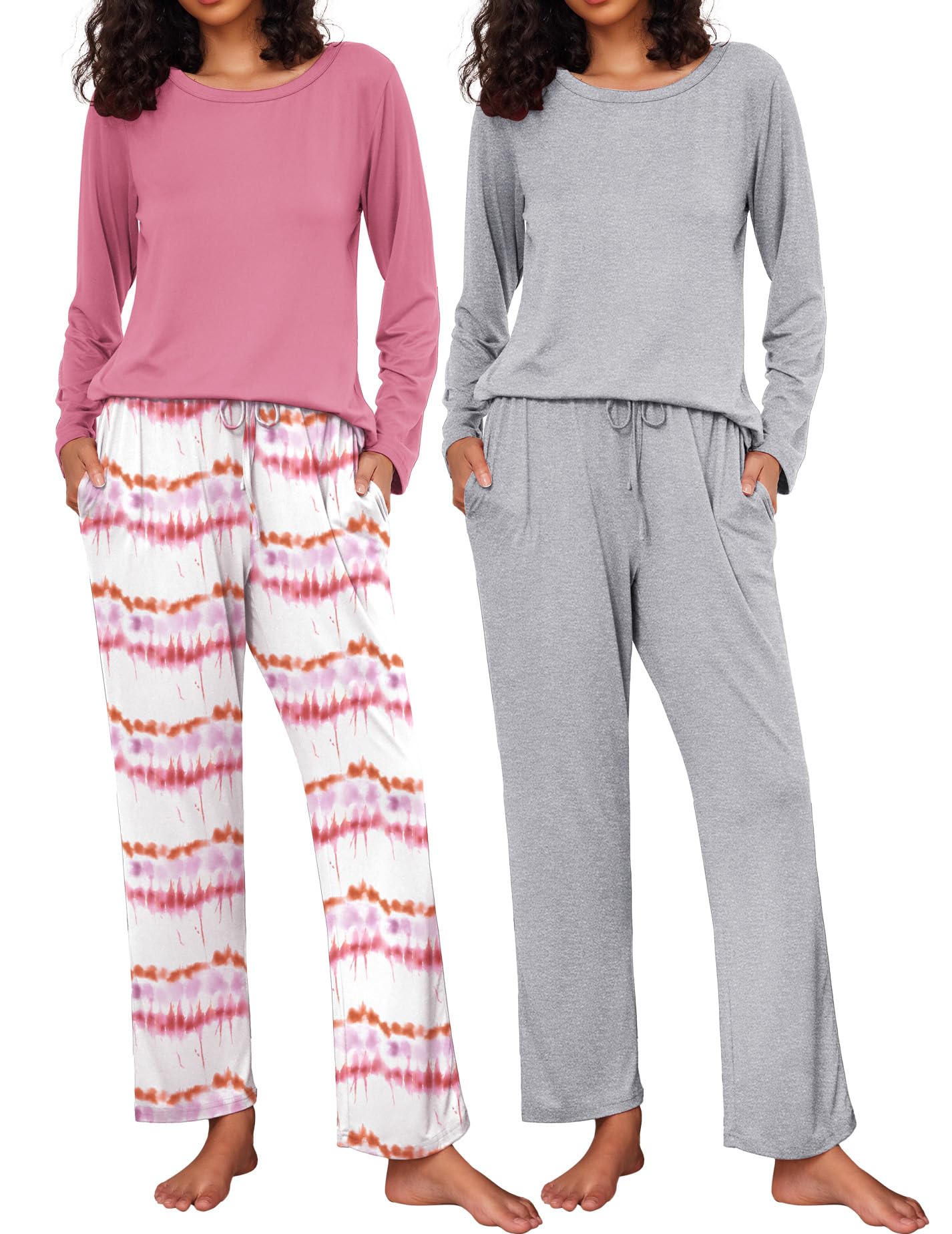 Ekouaer Women's 2 Pack Pajama Sets Long Sleeve Lounge Set Soft Comfy Pjs