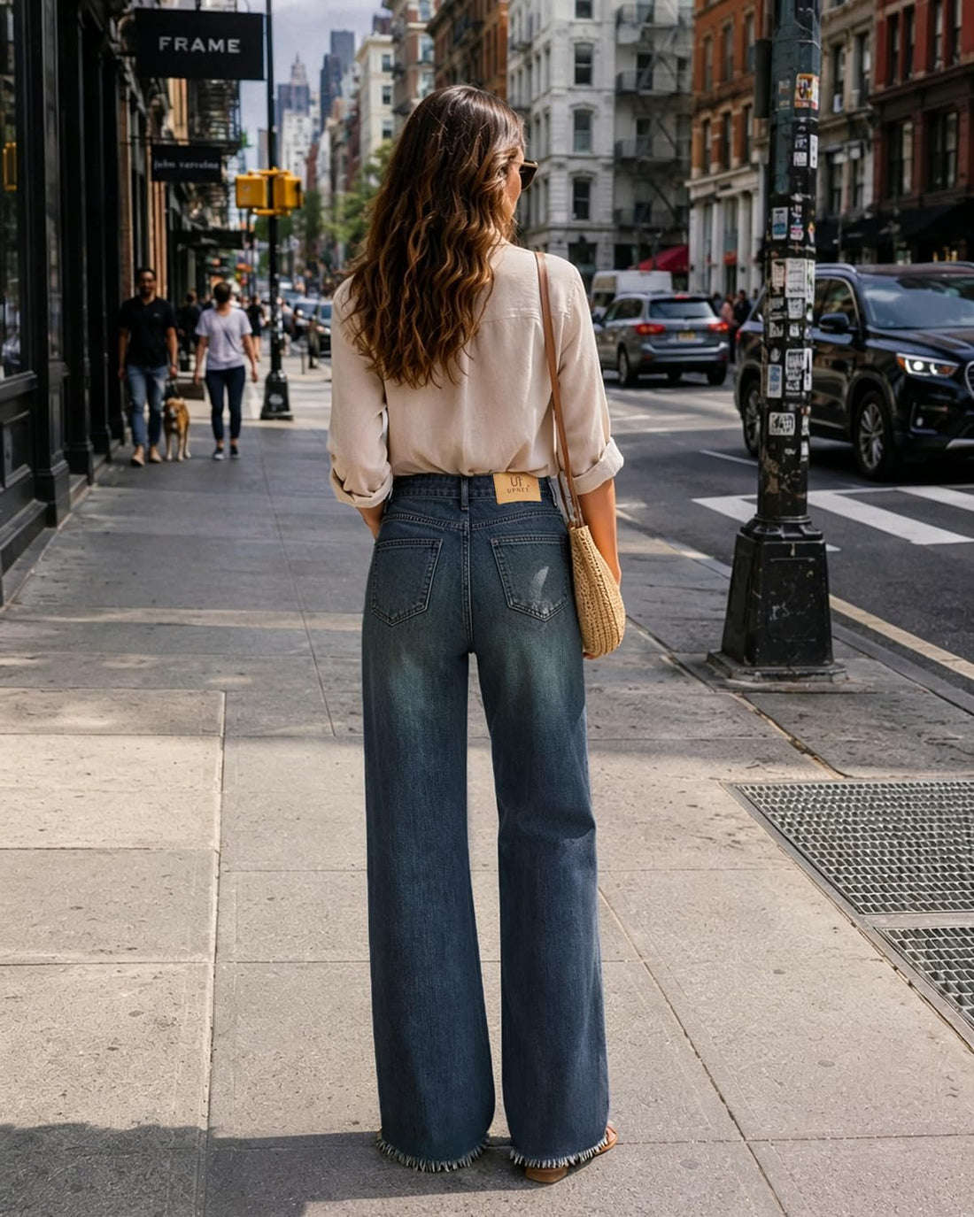 Womens High Waisted Jeans Stretchy Straight Leg Loose Fit Tummy Control Raw Hem Denim Pants Trendy Fashion