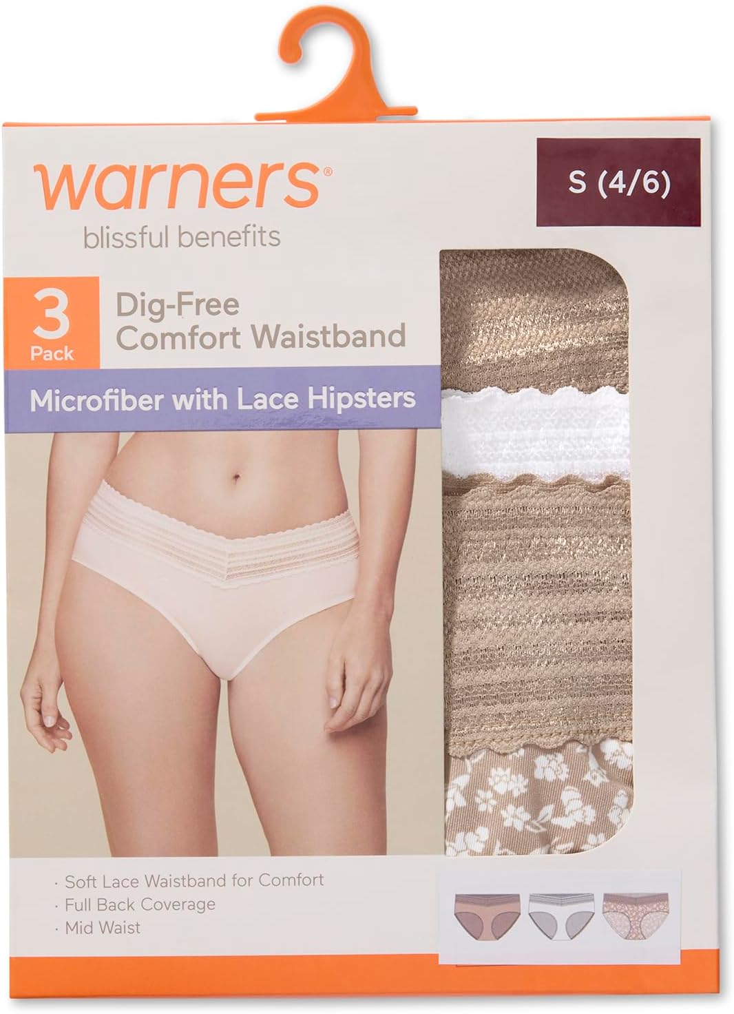 Warner's Women's Blissful Benefits Women's Dig-free Microfiber Lace Hipster 3-pack