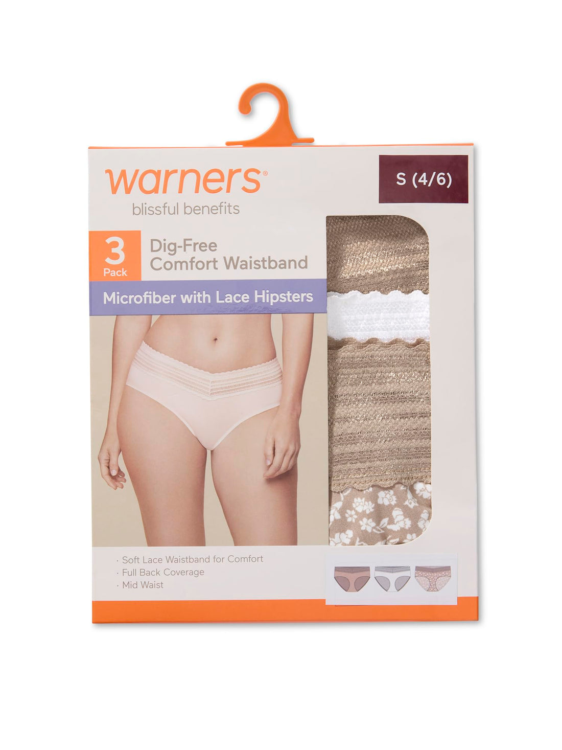 Warner's Women's Blissful Benefits Women's Dig-free Microfiber Lace Hipster 3-pack