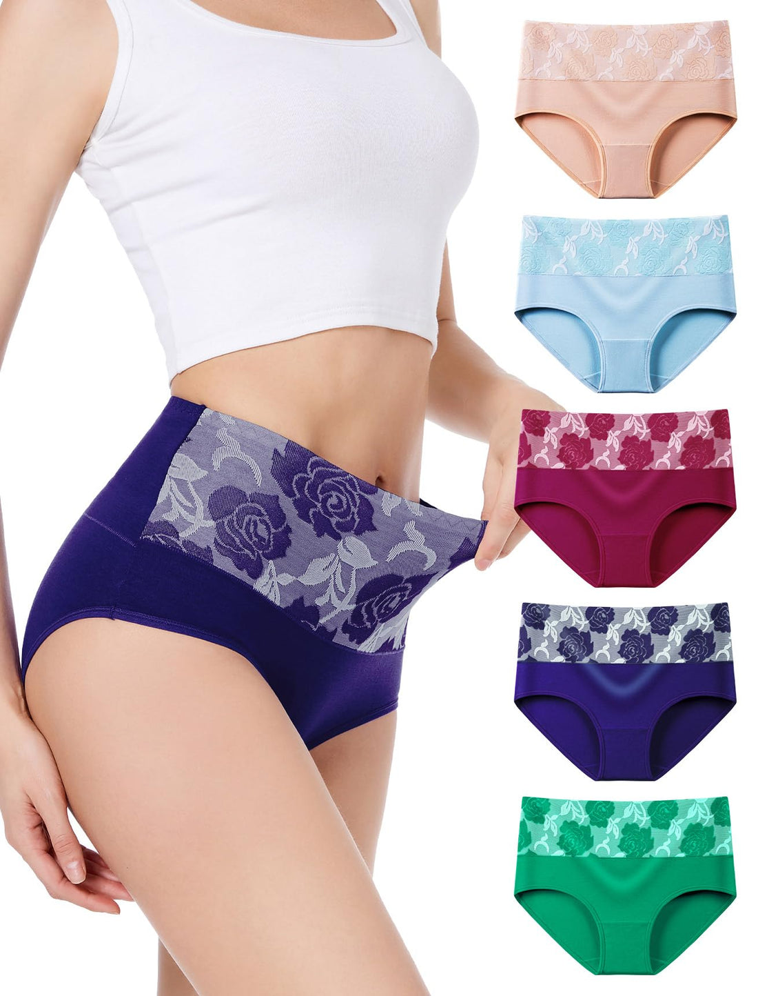 HAVVIS Women's Briefs Underwear Cotton High Waist Tummy Control Panties Rose Jacquard Ladies Panty Multipack