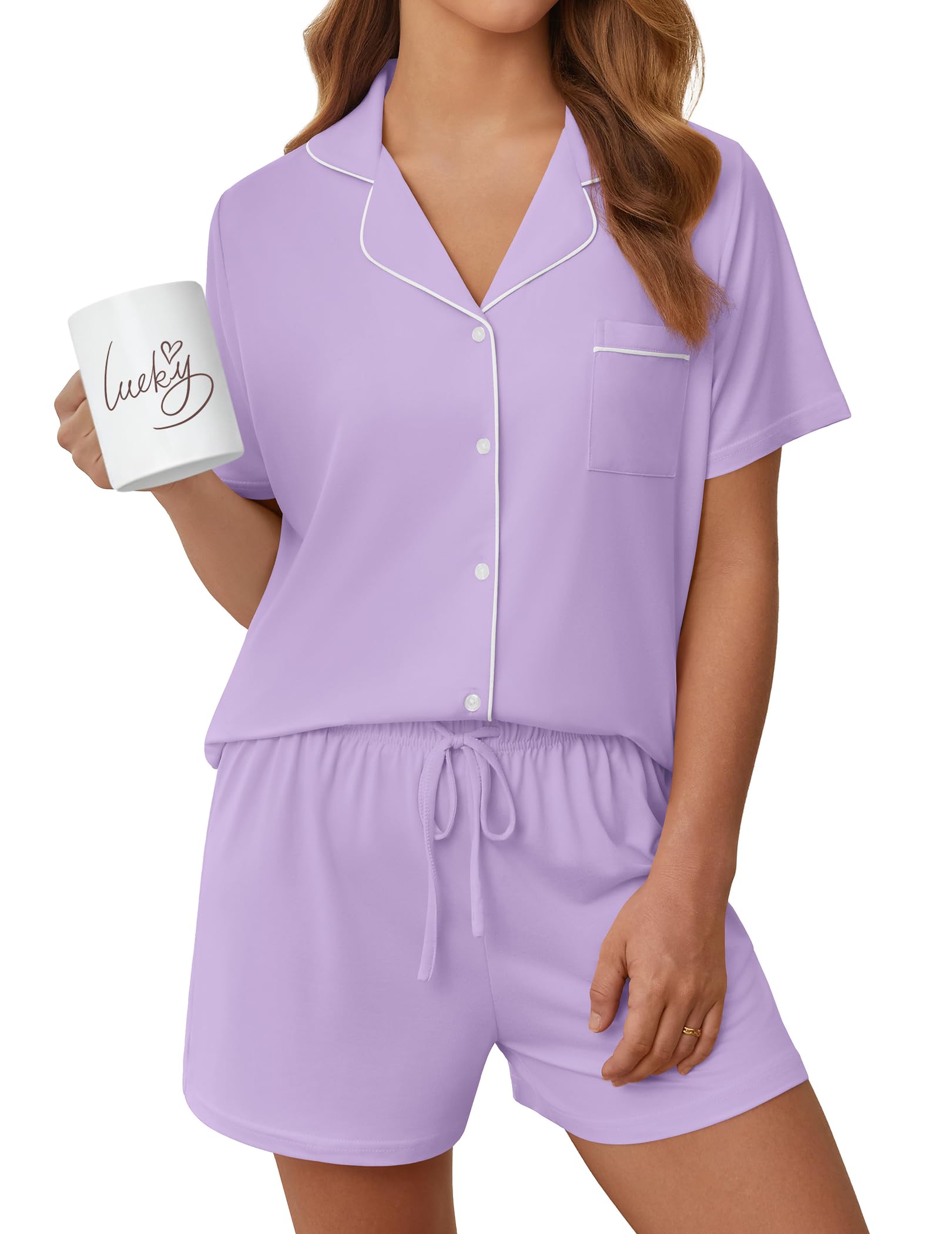 Womens Pajama Sets Summer Pjs Short Sleeve Button Down Top and Shorts Bride Sleepwear 2 Piece Comfy Lounge Set S-XXL