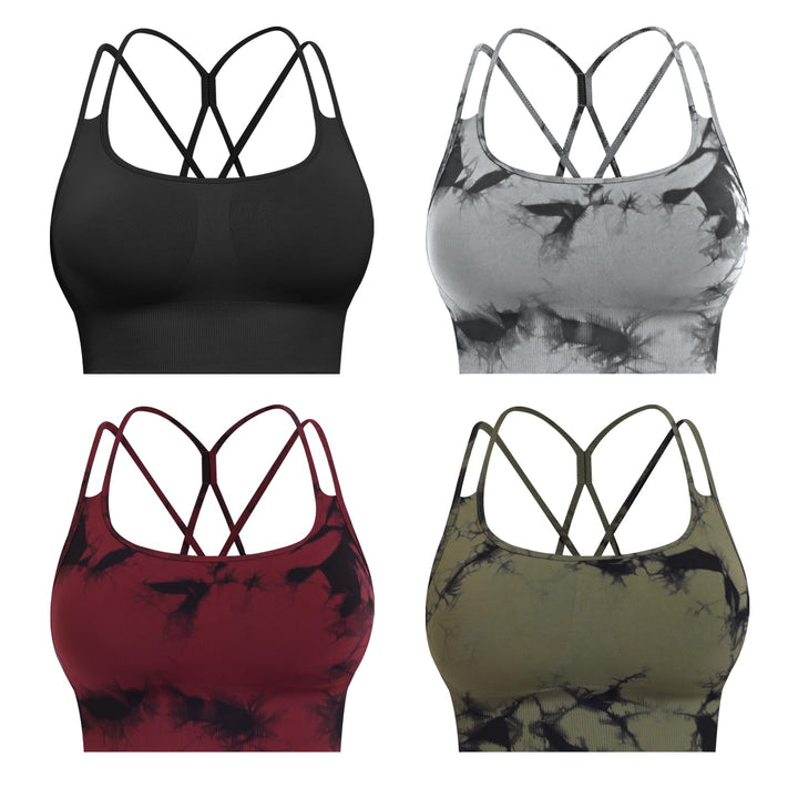 CHRLEISURE Sports Bras for Women, 4 Packs Padded High Support Workout Yoga Seamless Criss-Cross Racerback Bras