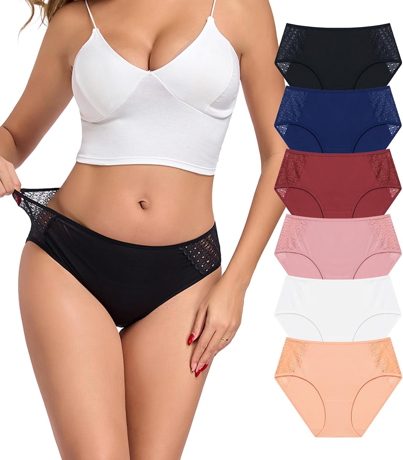 COLORFULLEAF Women's Cotton Hipster Panties Sexy Lace Underwear Pack Soft Moisture Wicking Bikini Briefs