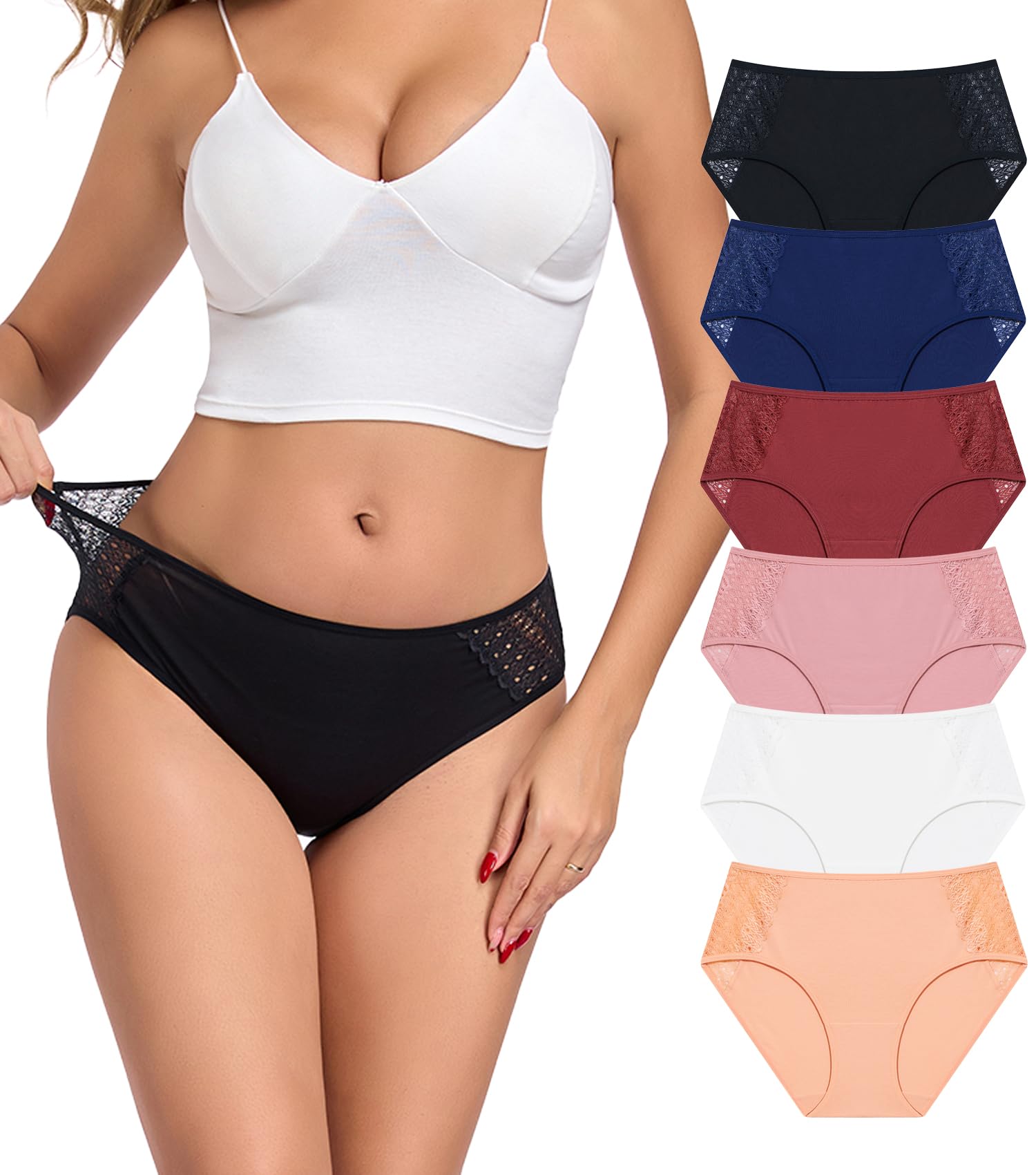 COLORFULLEAF Women's Cotton Hipster Panties Sexy Lace Underwear Pack Soft Moisture Wicking Bikini Briefs