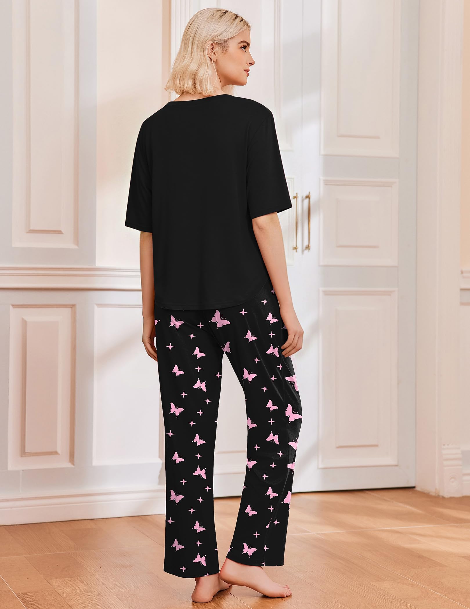 Ekouaer 2 Pack Womens Pajamas Sets Short Sleeve Long Pants Pjs Lounge Set