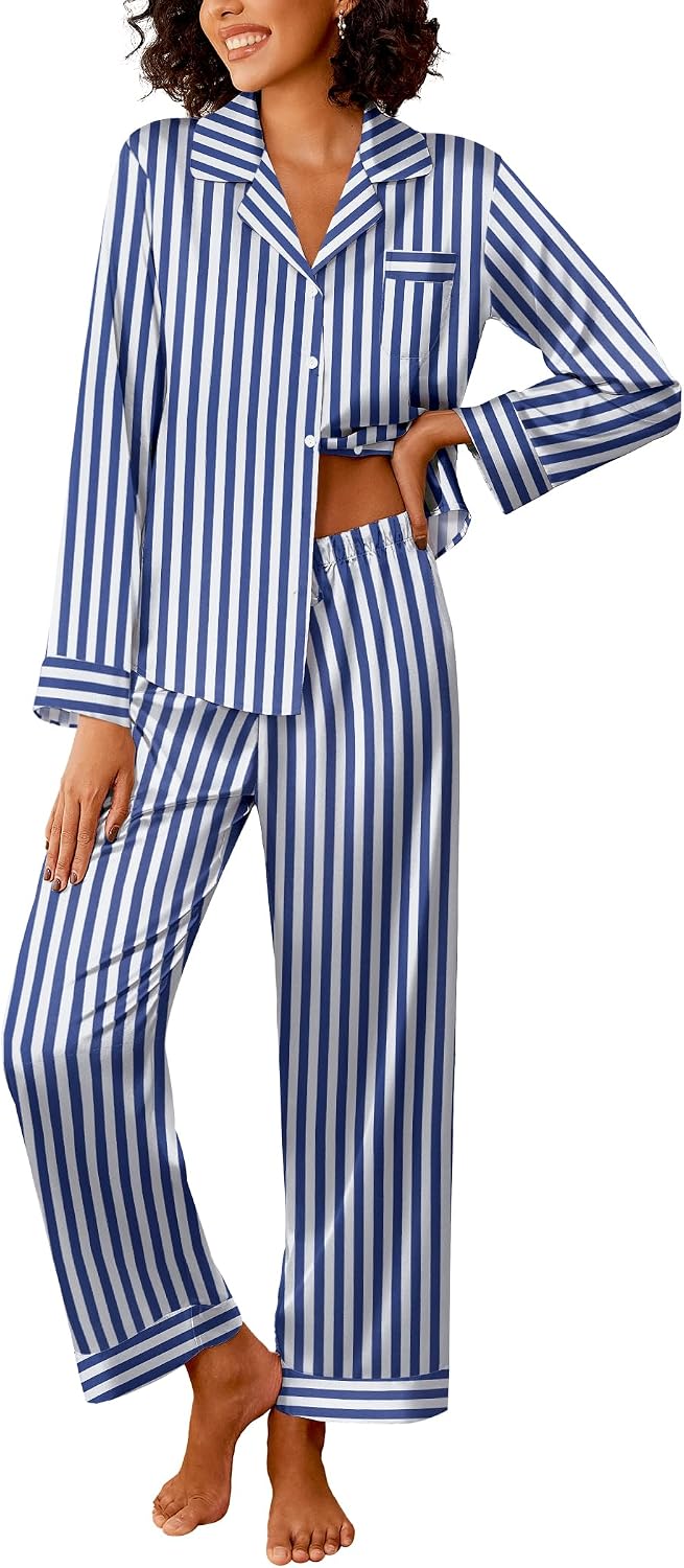 Ekouaer Womens Silk Satin Pajama Sets 2 Piece Pjs Set Stripe Sleepwear
