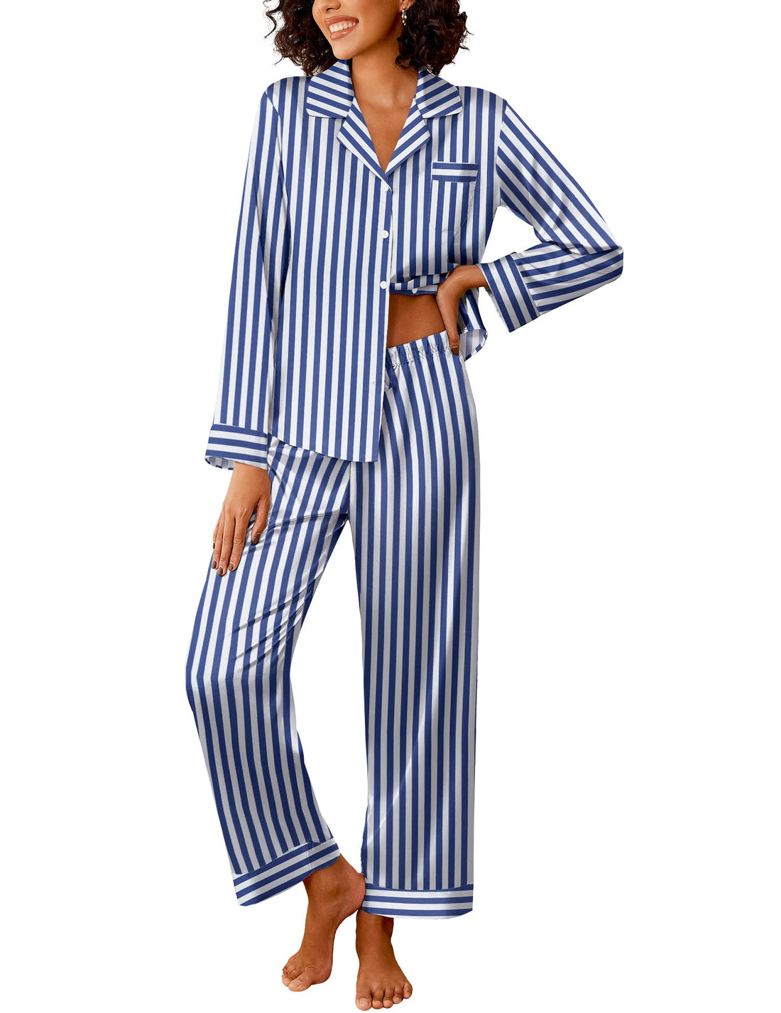 Ekouaer Womens Silk Satin Pajama Sets 2 Piece Pjs Set Stripe Sleepwear
