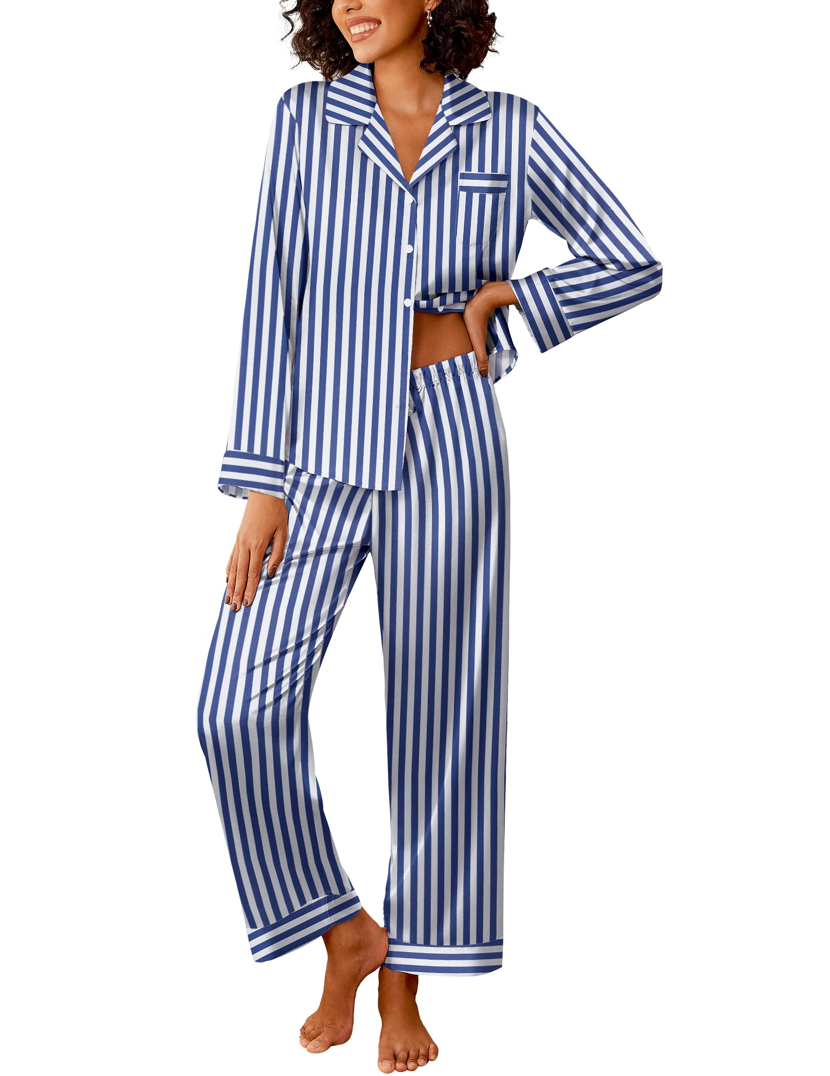 Ekouaer Womens Silk Satin Pajama Sets 2 Piece Pjs Set Stripe Sleepwear